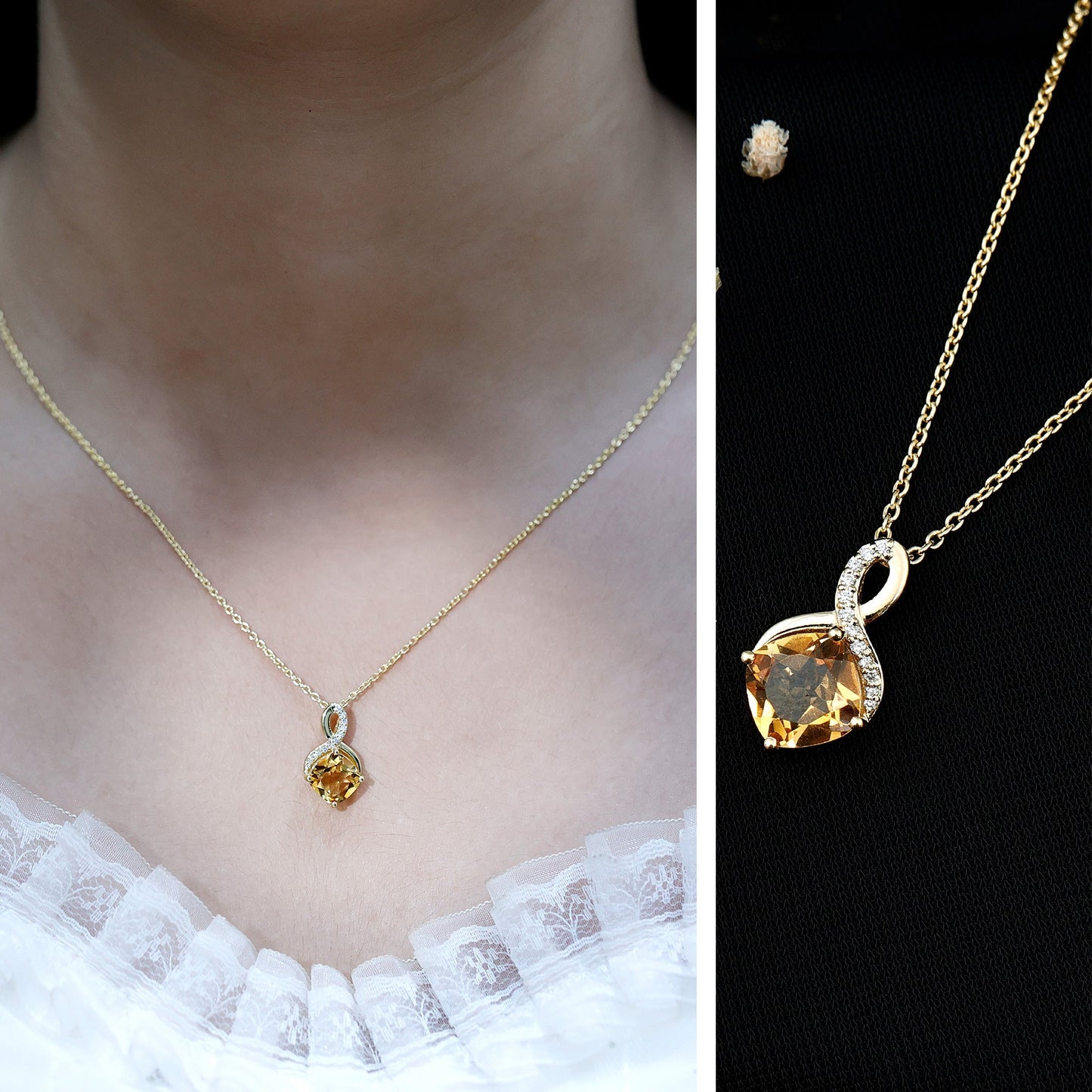 Cushion Cut 2.2 Carat Citrine Infinity Necklace with Silver Chain