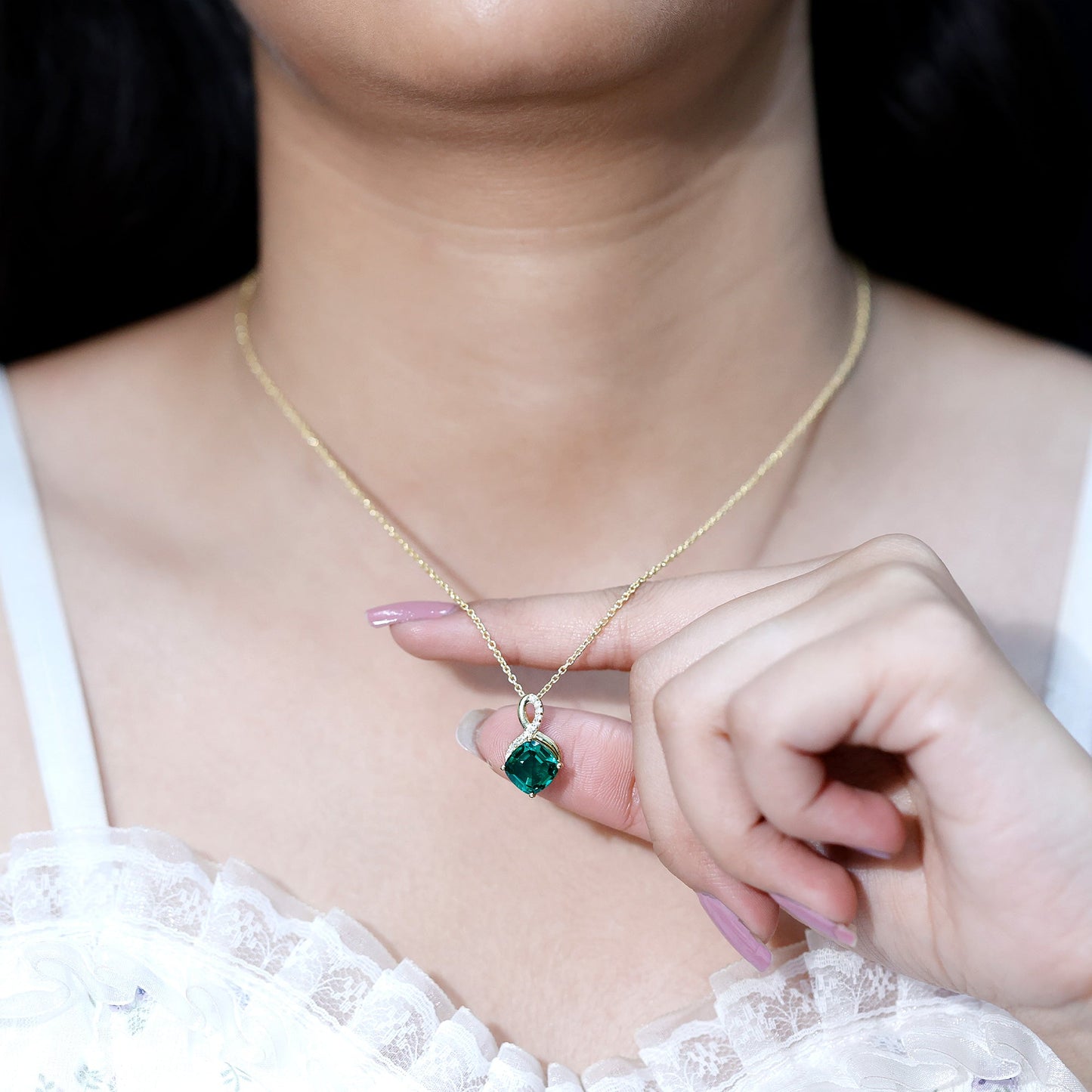 2 Carat Cushion Cut Lab Grown Emerald Infinity Necklace for Women