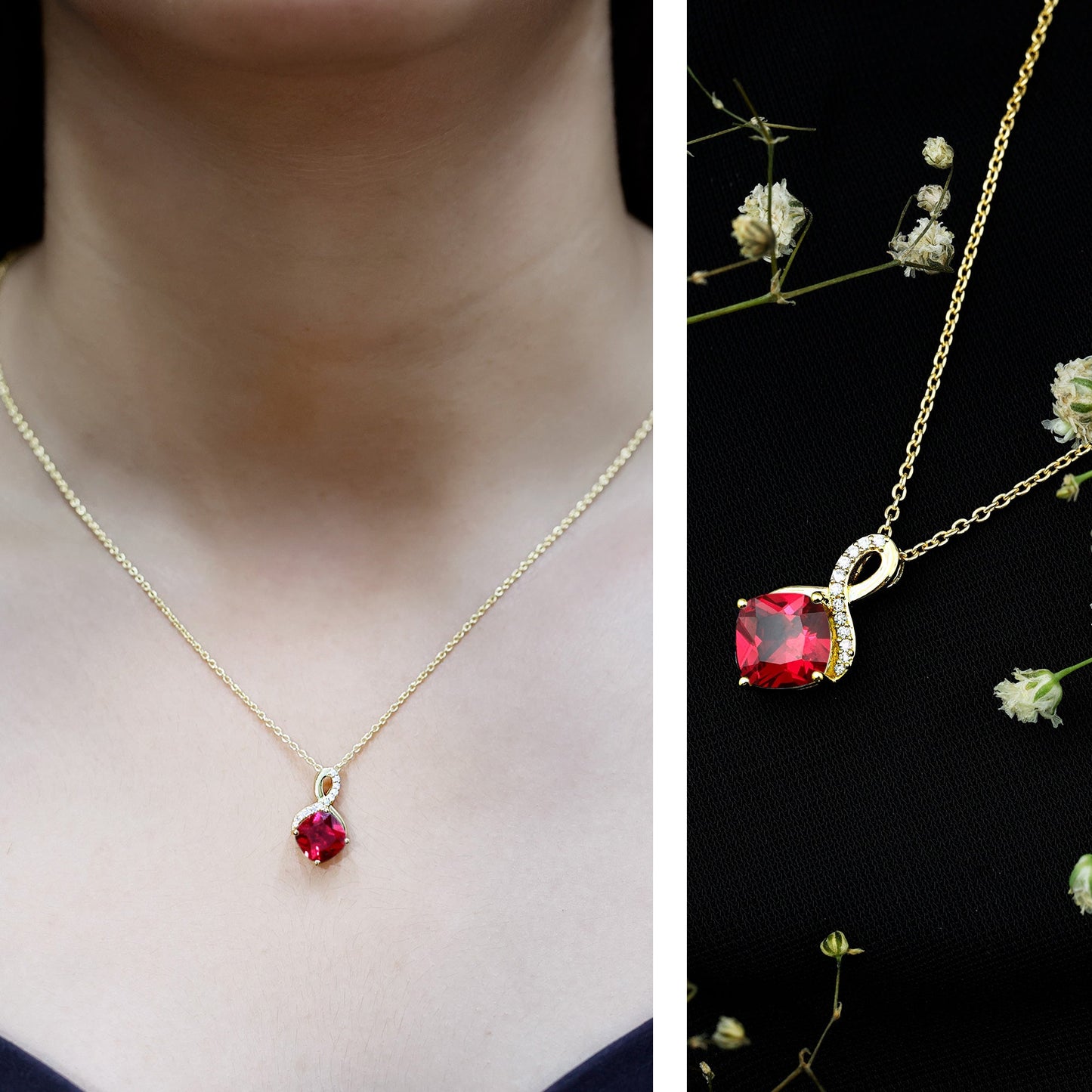 Certified Cushion Cut 2 Carat Lab Grown Ruby Infinity Necklace with Chain