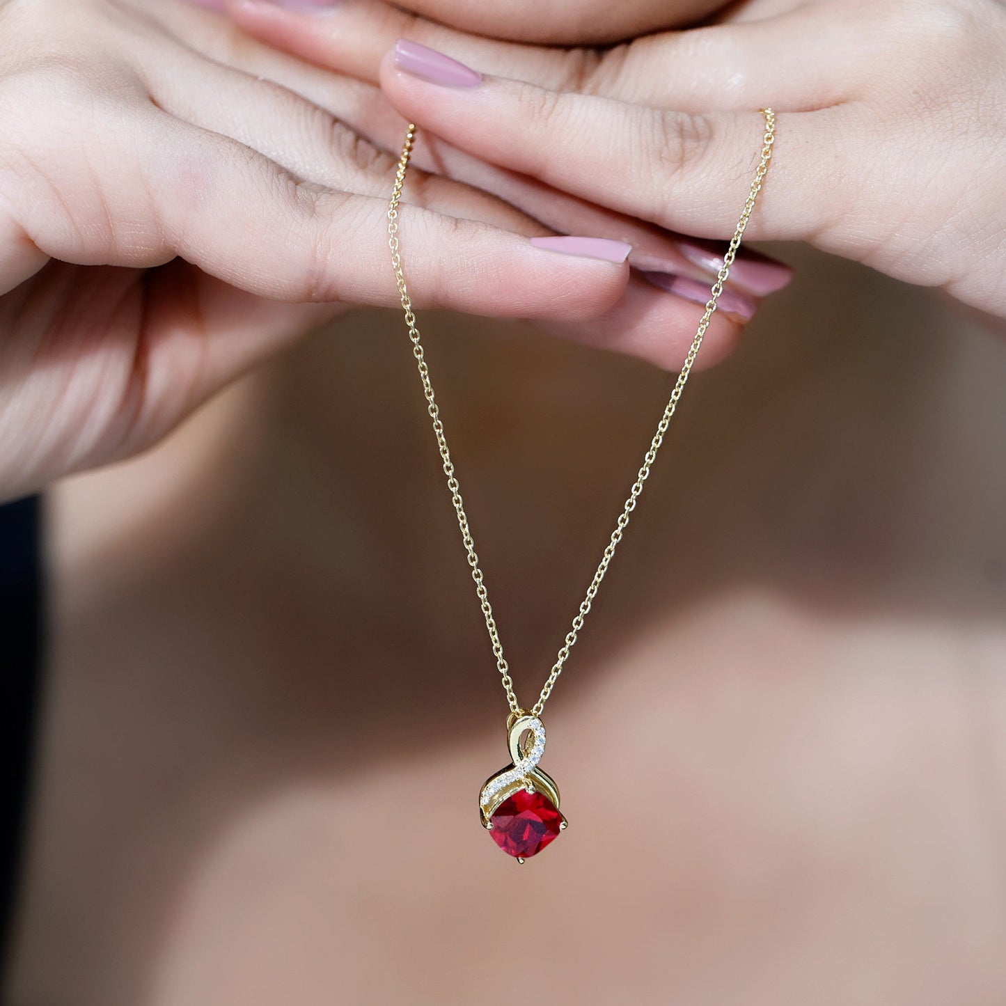Certified Cushion Cut 2 Carat Lab Grown Ruby Infinity Necklace with Chain