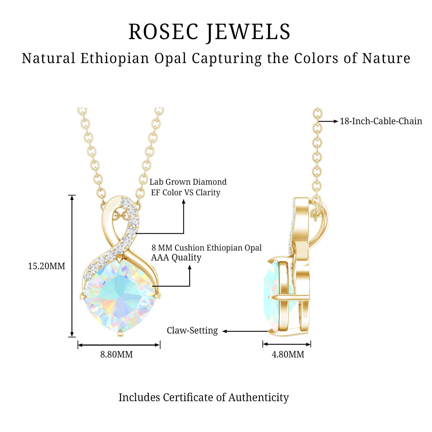 Cushion Cut 1.87 Carat Ethiopian Opal Infinity Necklace with Silver Chain