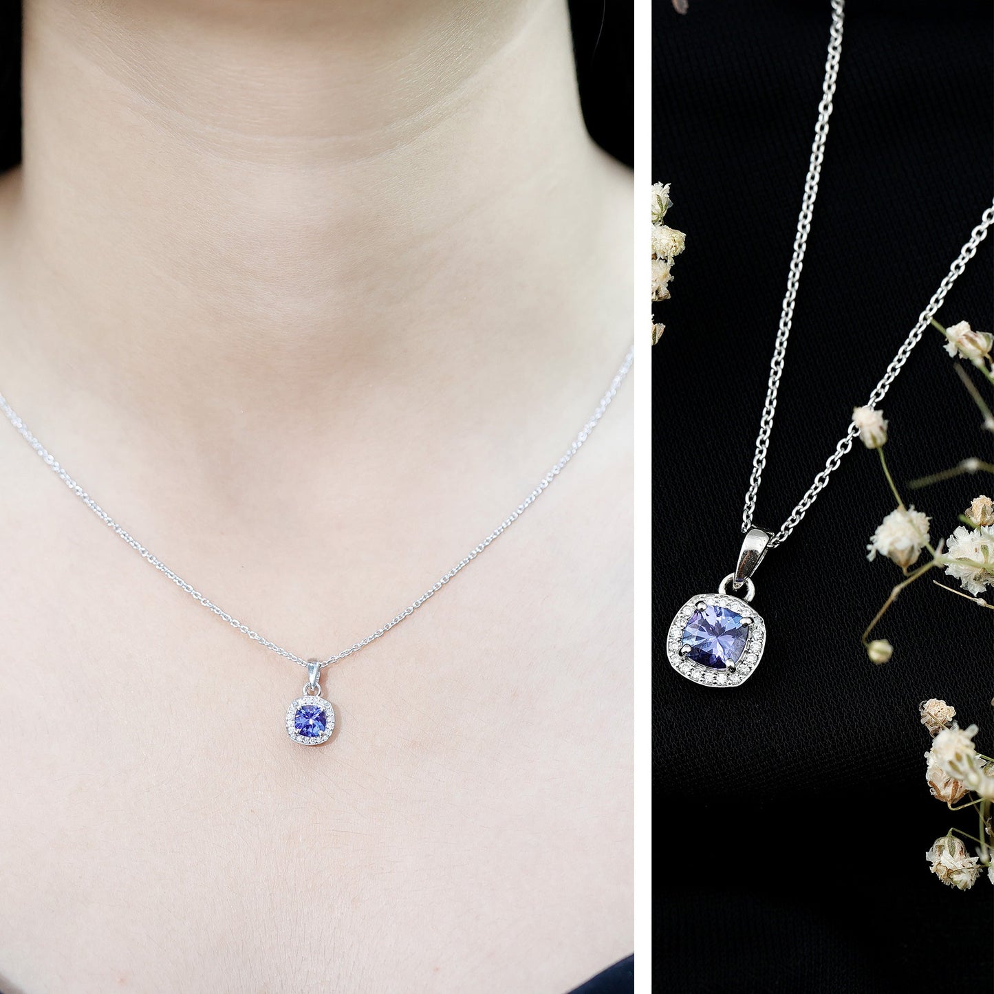 Cushion Cut 1.2 Carat Tanzanite Necklace with Lab Diamond Halo
