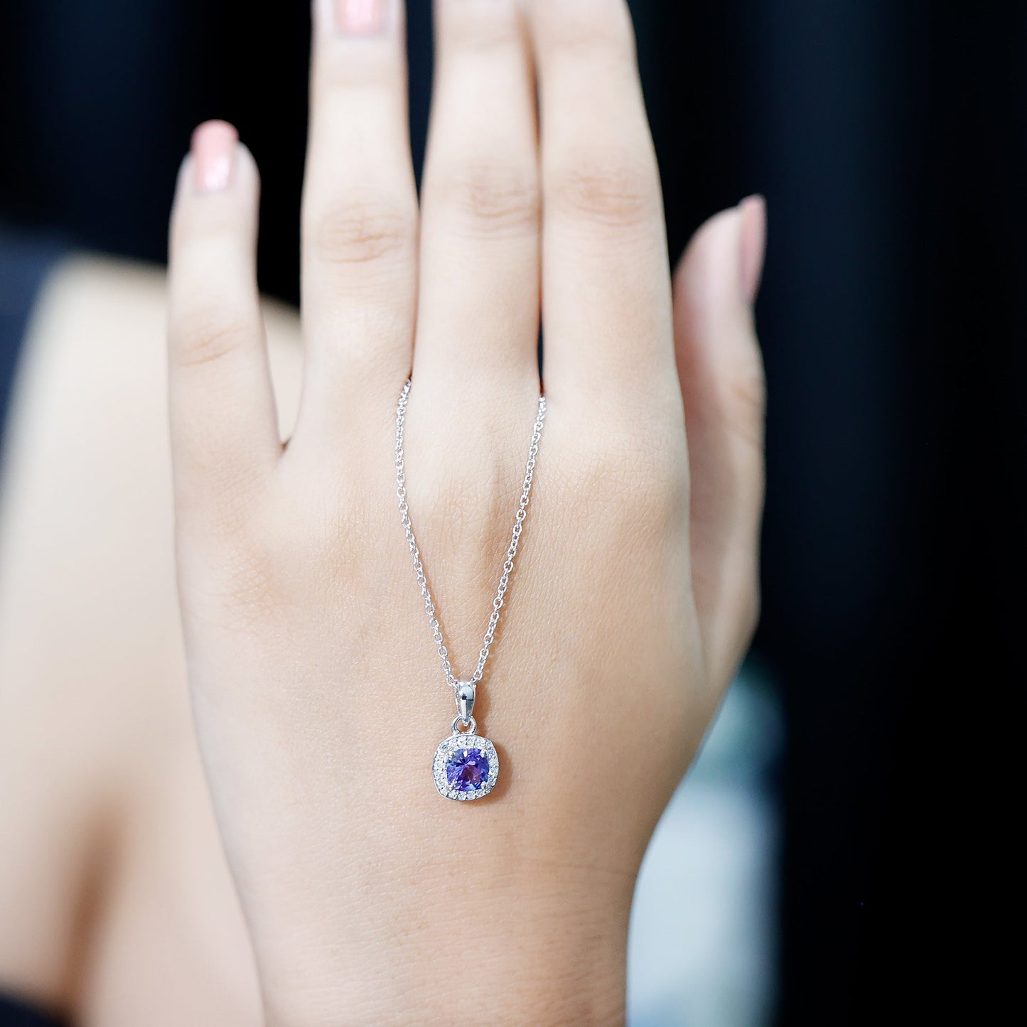 Cushion Cut 1.2 Carat Tanzanite Necklace with Lab Diamond Halo