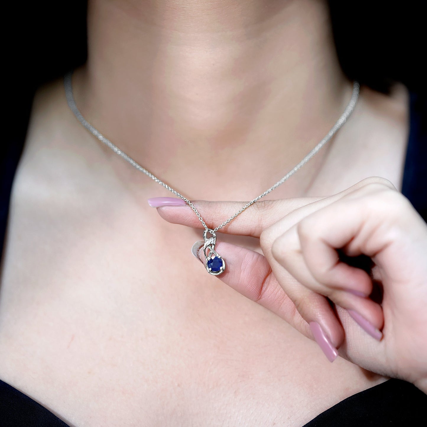 Natural 1 Carat Blue Sapphire Infinity Necklace with Silver Chain