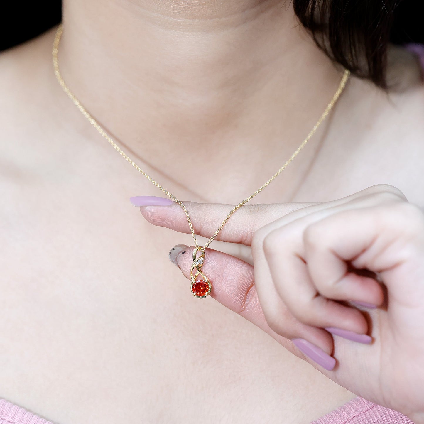 1 Carat Lab Grown Orange Sapphire Infinity Pendant Necklace with Diamond