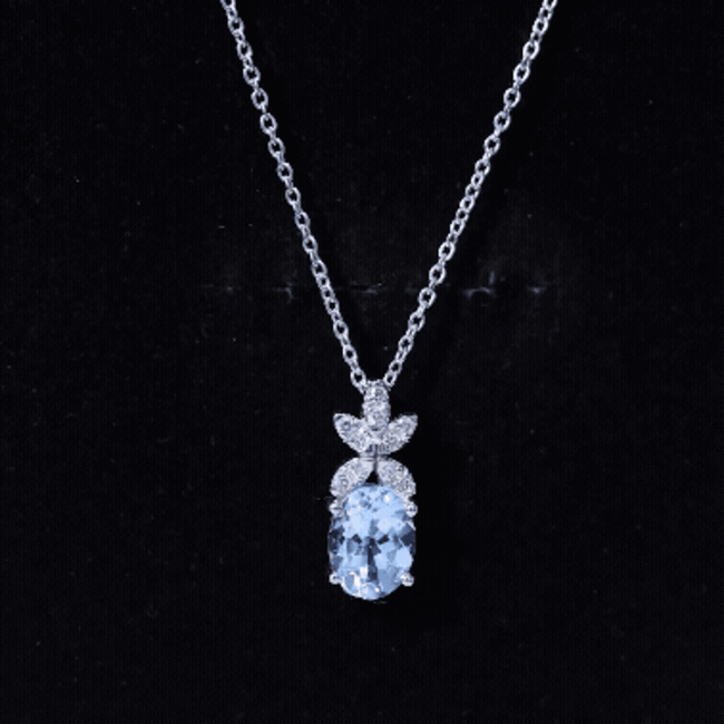 Natural 1.7 CT Oval Aquamarine Flower Necklace with Lab Grown Diamonds
