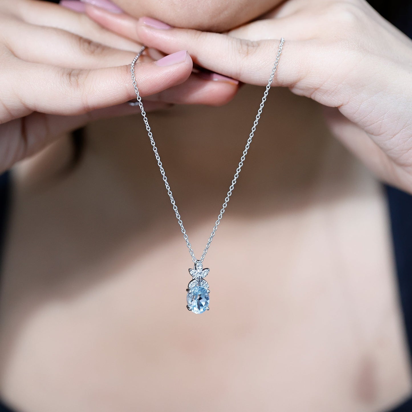 Natural 1.7 CT Oval Aquamarine Flower Necklace with Lab Grown Diamonds