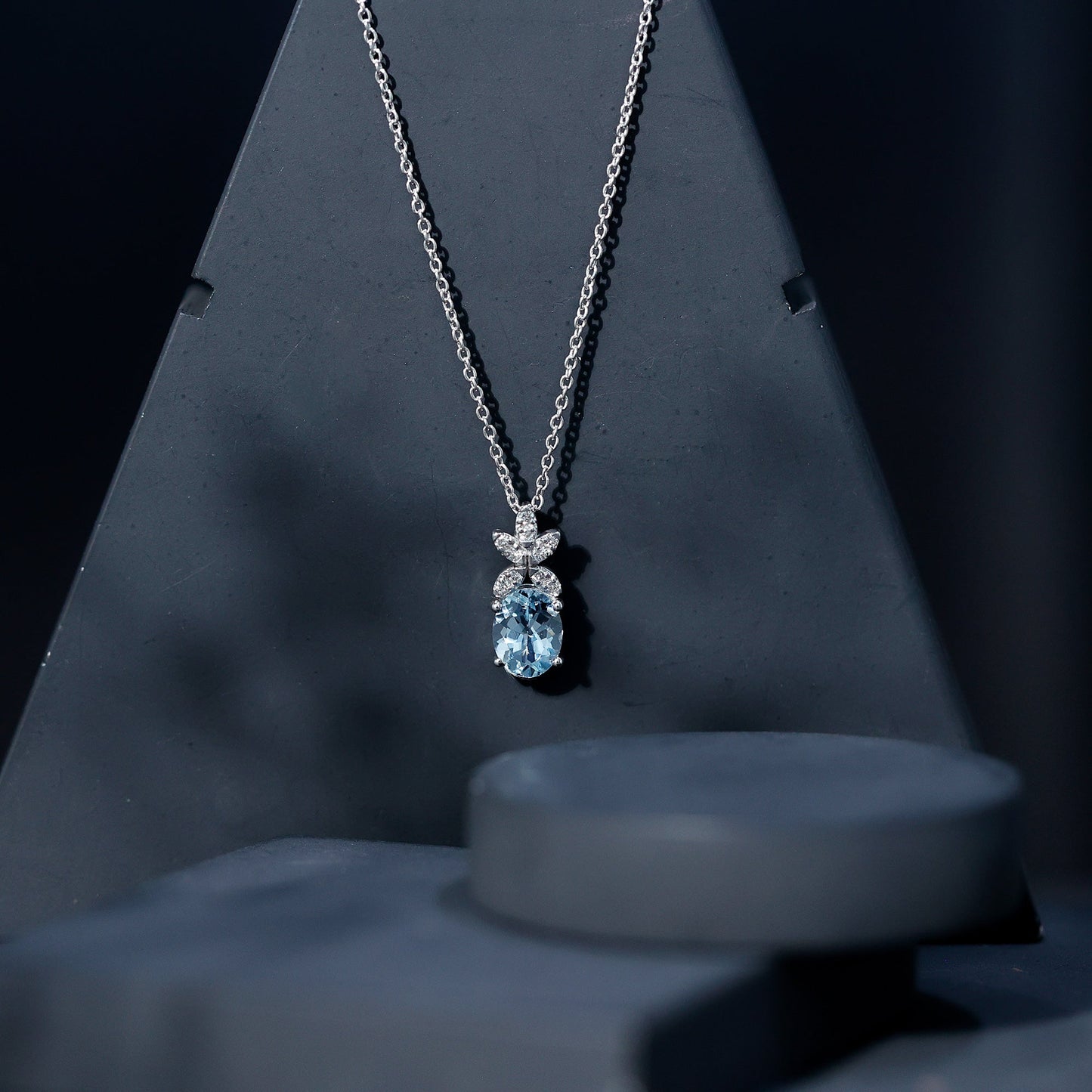 Natural 1.7 CT Oval Aquamarine Flower Necklace with Lab Grown Diamonds