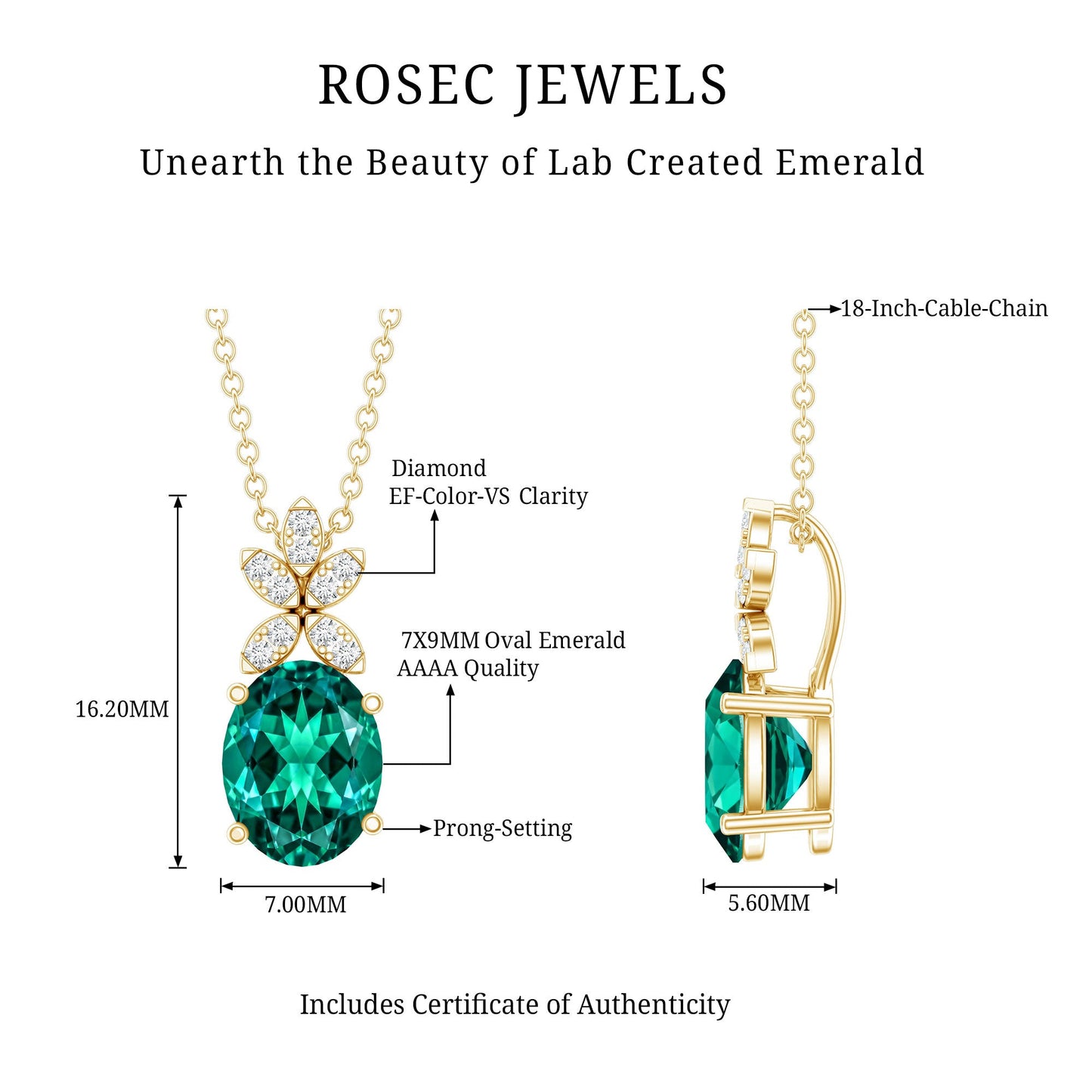 2 Carat Oval Lab Grown Emerald Wedding Necklace with Diamond Flower