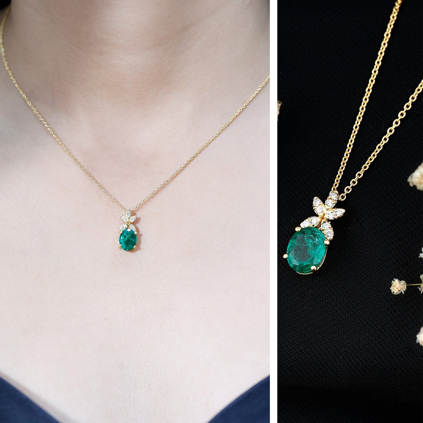 2 Carat Oval Lab Grown Emerald Wedding Necklace with Diamond Flower