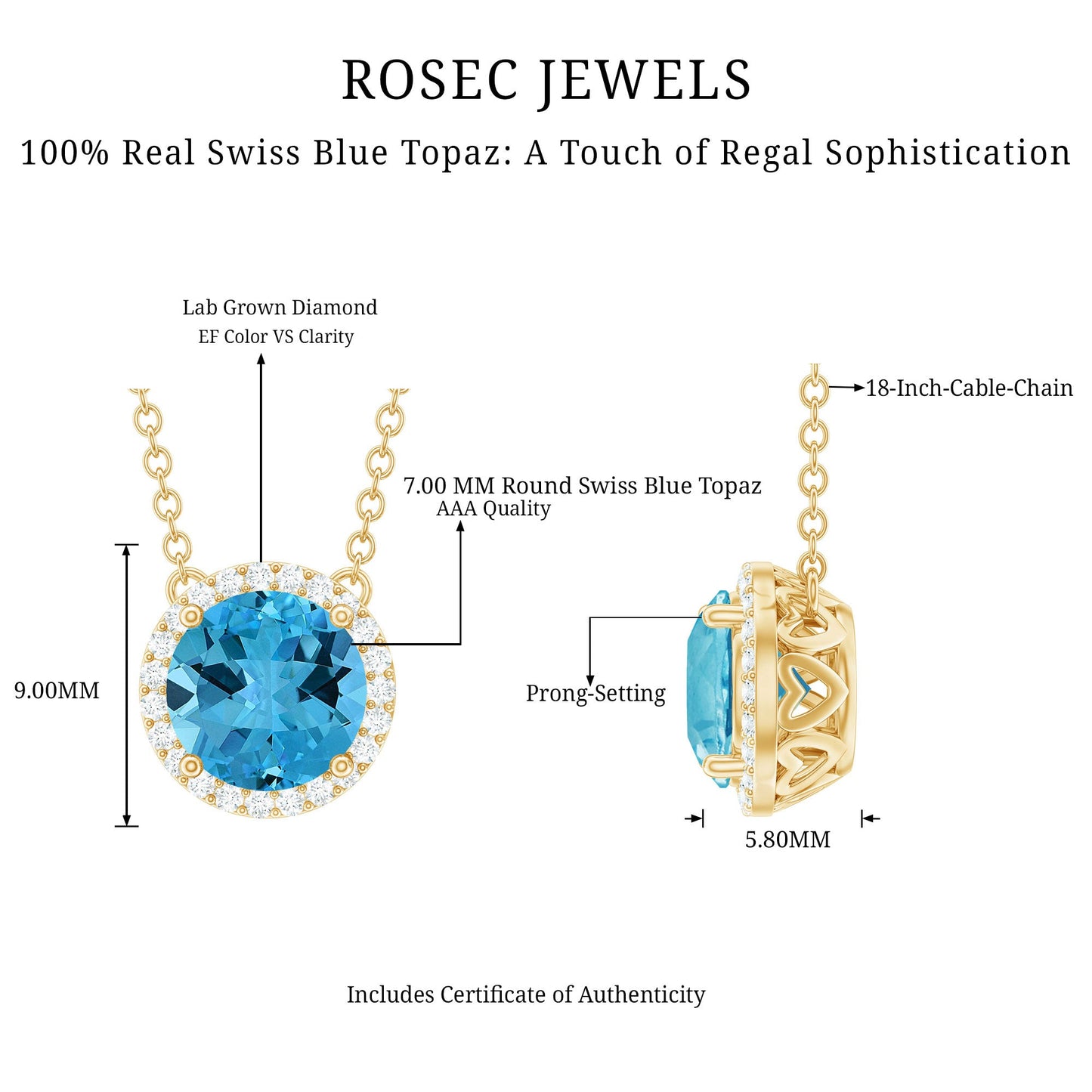 Natural 1.5 Carat Swiss Blue Topaz Chain Necklace with Diamond Halo