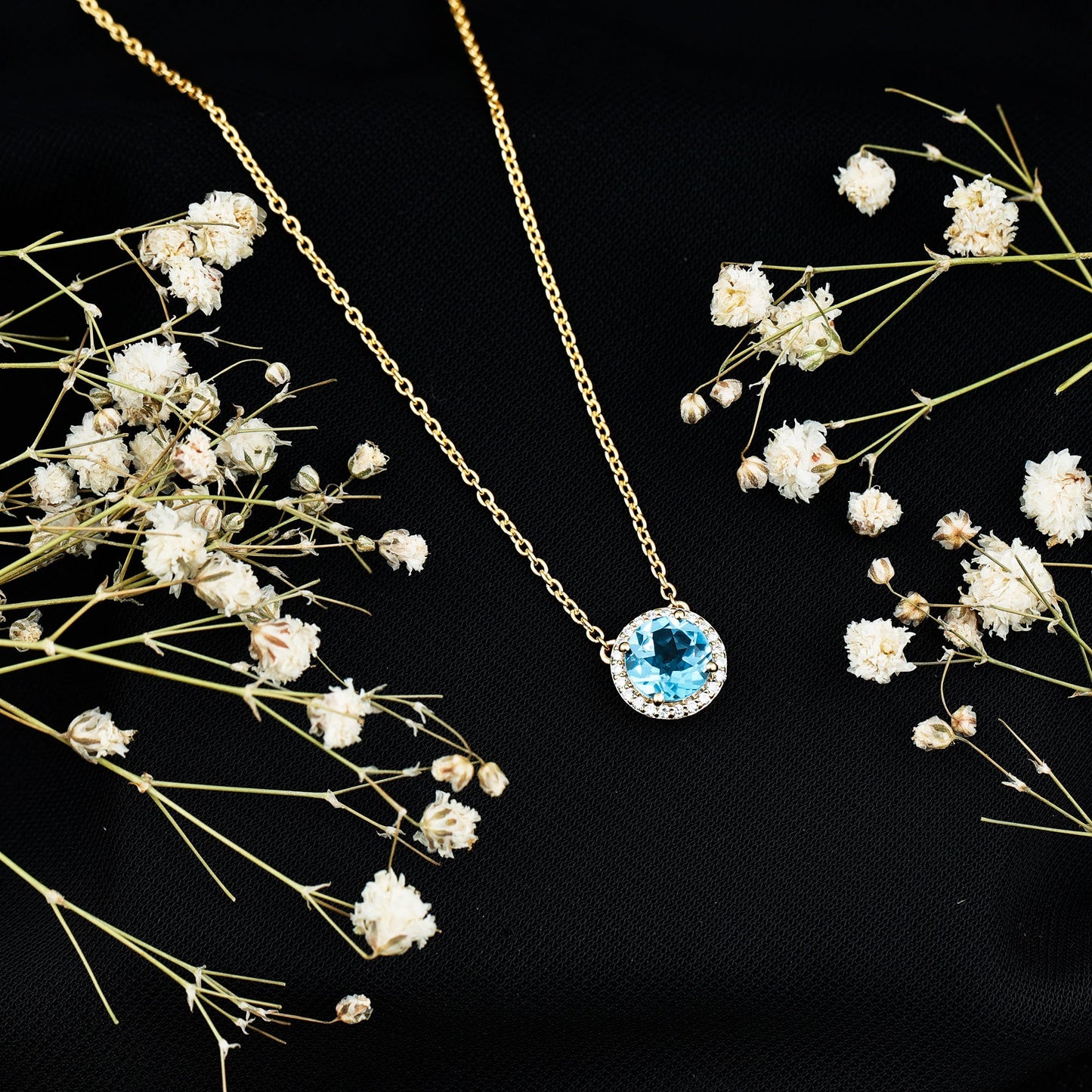 Natural 1.5 Carat Swiss Blue Topaz Chain Necklace with Diamond Halo