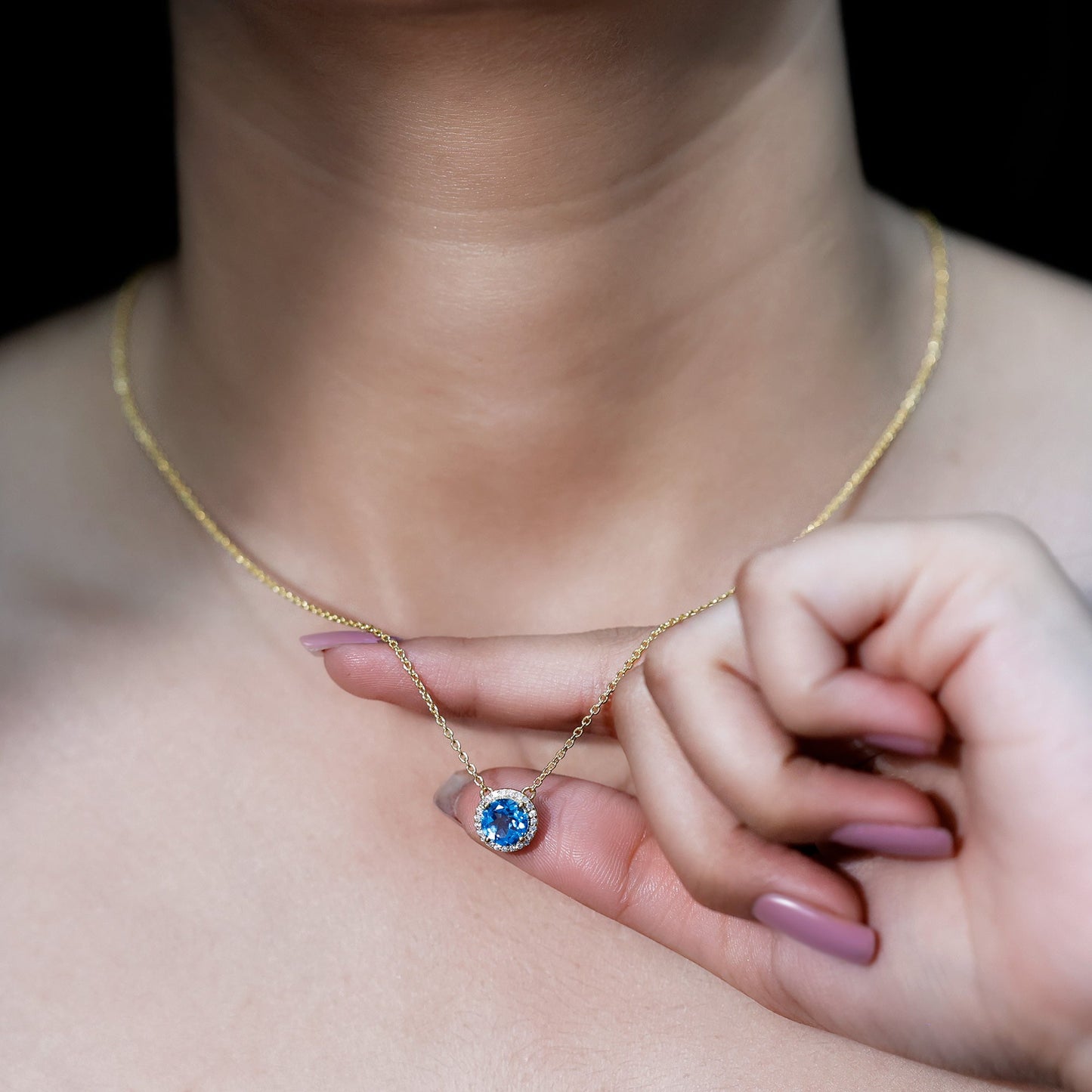 Natural 1.5 Carat Swiss Blue Topaz Chain Necklace with Diamond Halo