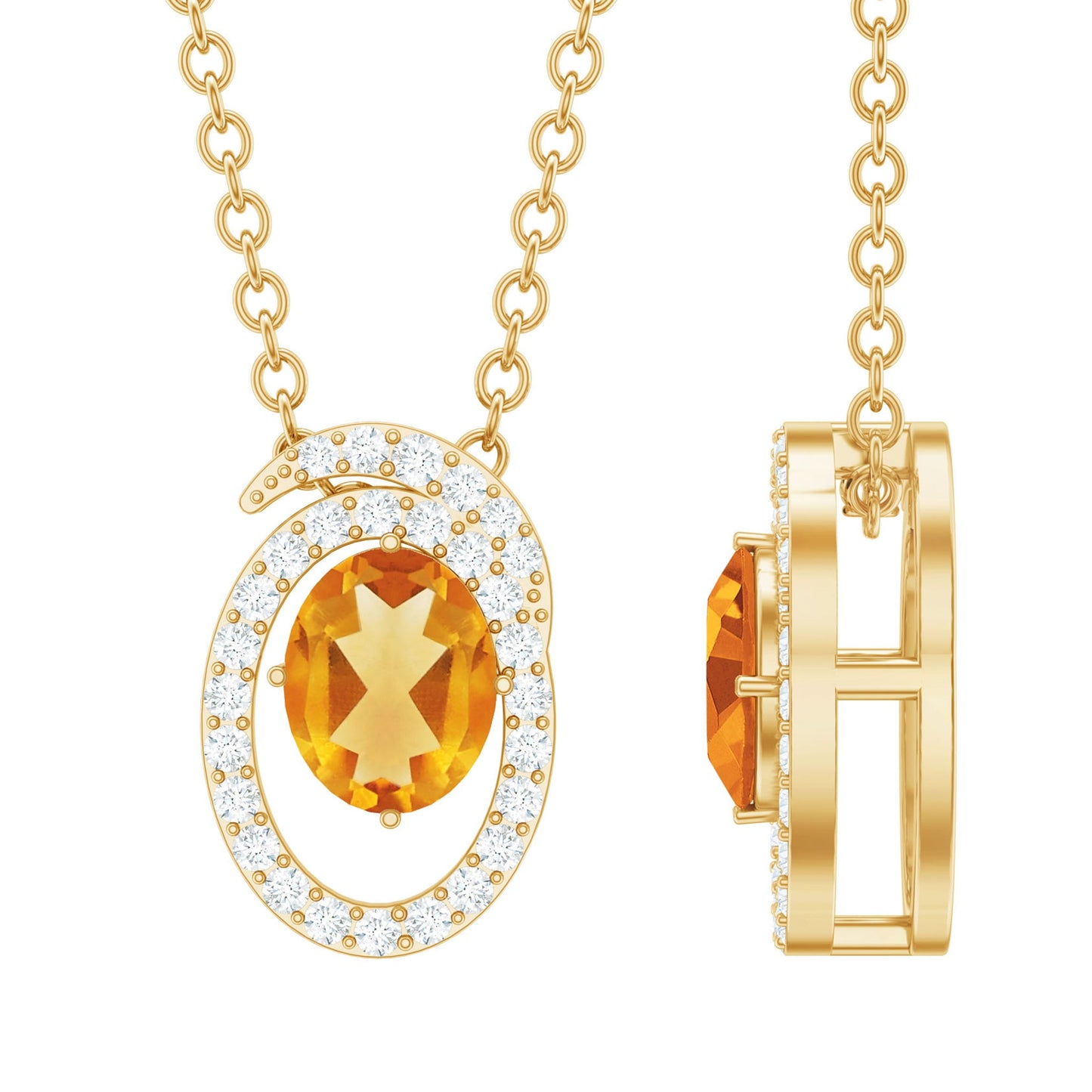 Genuine Oval Shape Citrine Necklace with Lab Diamond in Yellow Gold Plated Silver