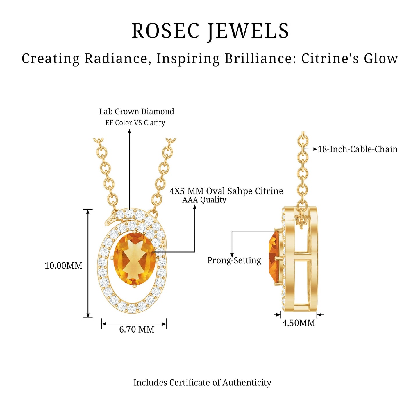 Genuine Oval Shape Citrine Necklace with Lab Diamond in Yellow Gold Plated Silver