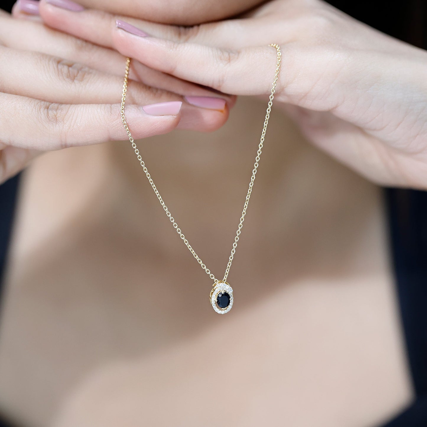 Natural Oval Shape Black Onyx Necklace with Lab Diamond