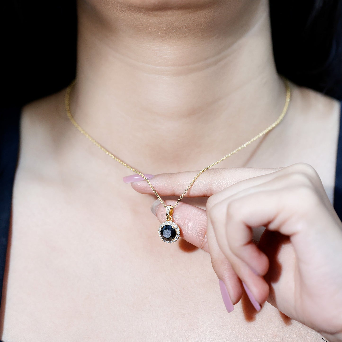 Natural 2.3 Carat Round Shaped Black and White Diamond Halo Necklace with Chain
