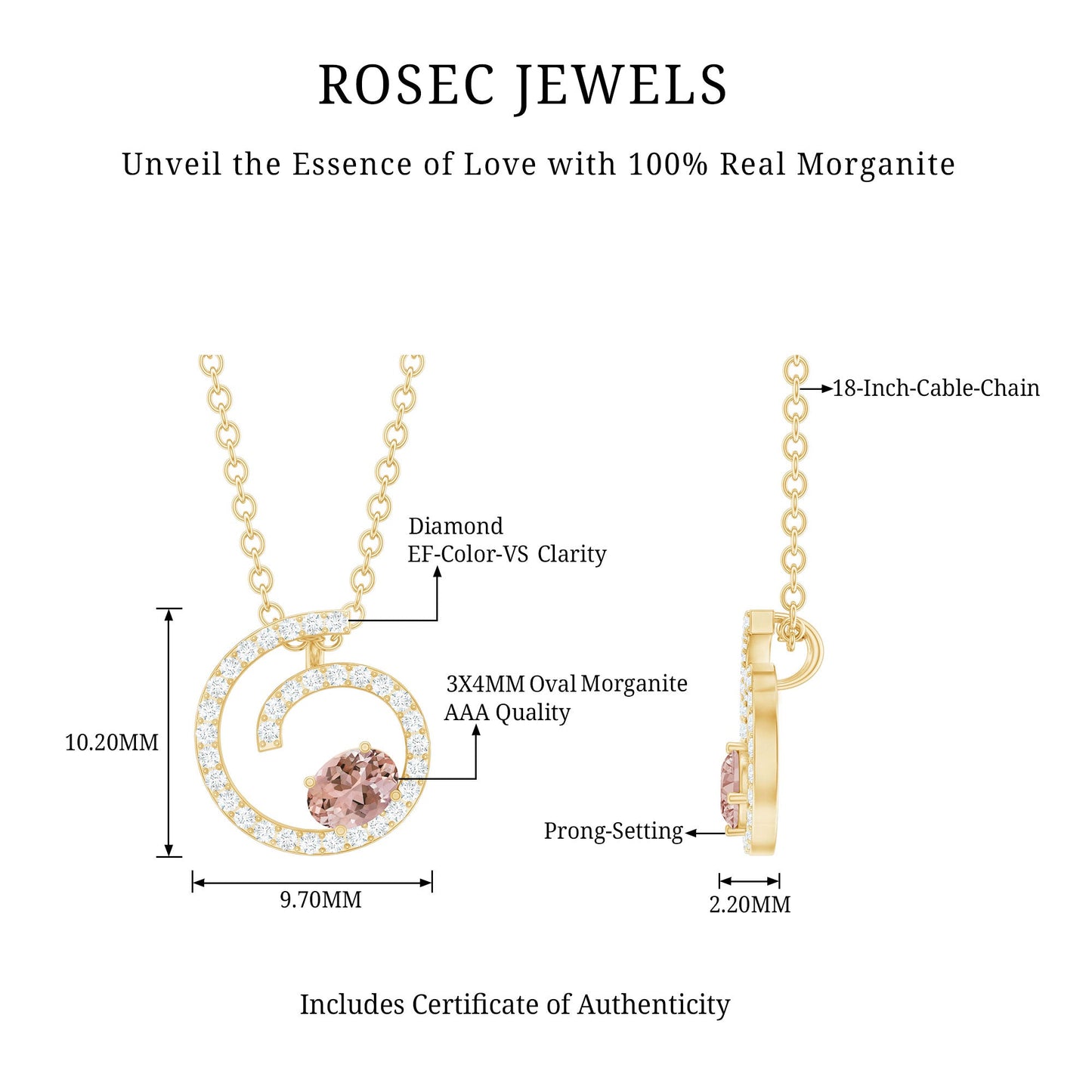 Yellow Gold Plated Silver Morganite Swirl Necklace with Lab Diamond