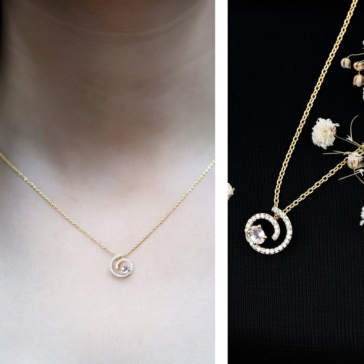 Yellow Gold Plated Silver Morganite Swirl Necklace with Lab Diamond