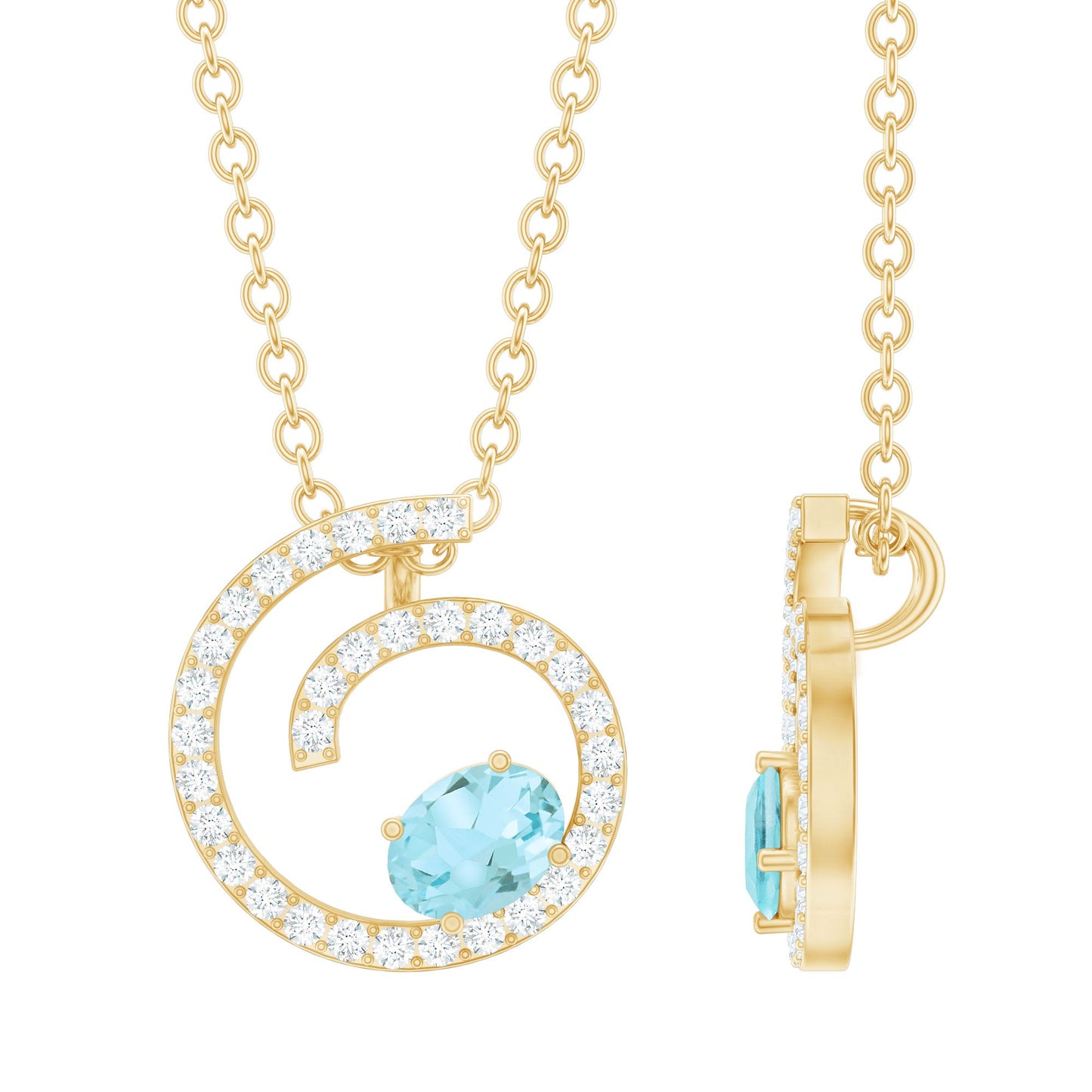Genuine Sky Blue Topaz and Diamond Swirl Necklace with Silver Chain