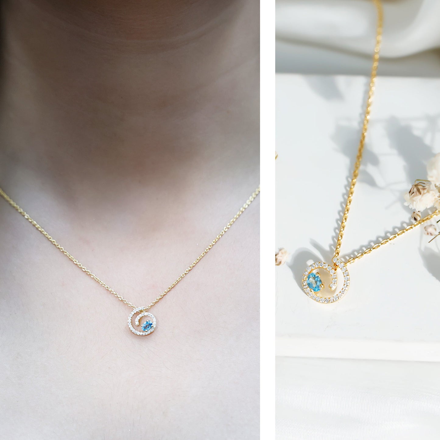Genuine Sky Blue Topaz and Diamond Swirl Necklace with Silver Chain