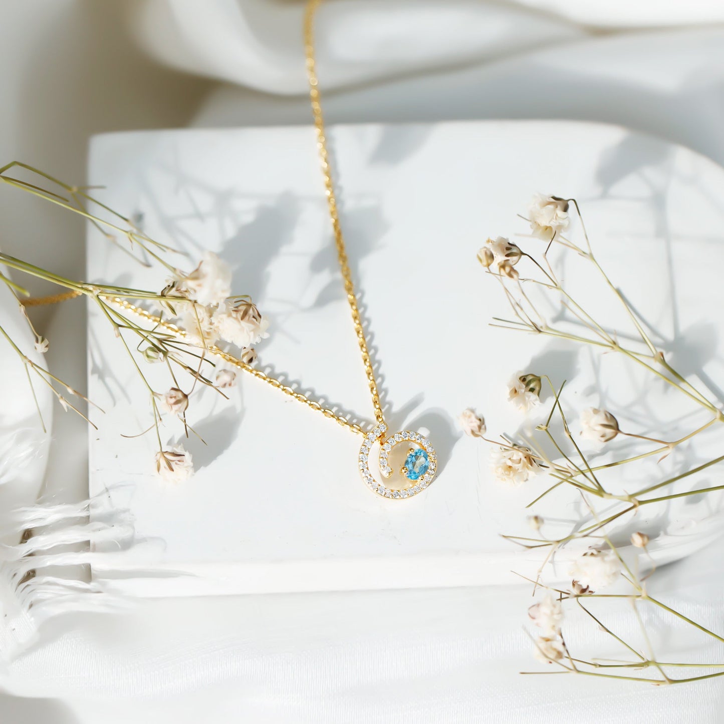 Genuine Sky Blue Topaz and Diamond Swirl Necklace with Silver Chain
