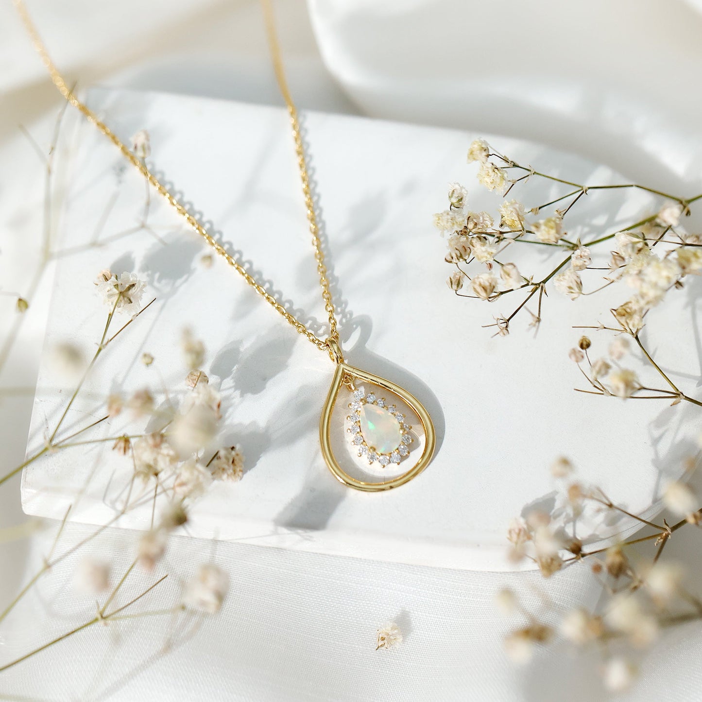 Natural 0.6 Carat Ethiopian Opal Teardrop Pendant Necklace with Lab Diamond Halo