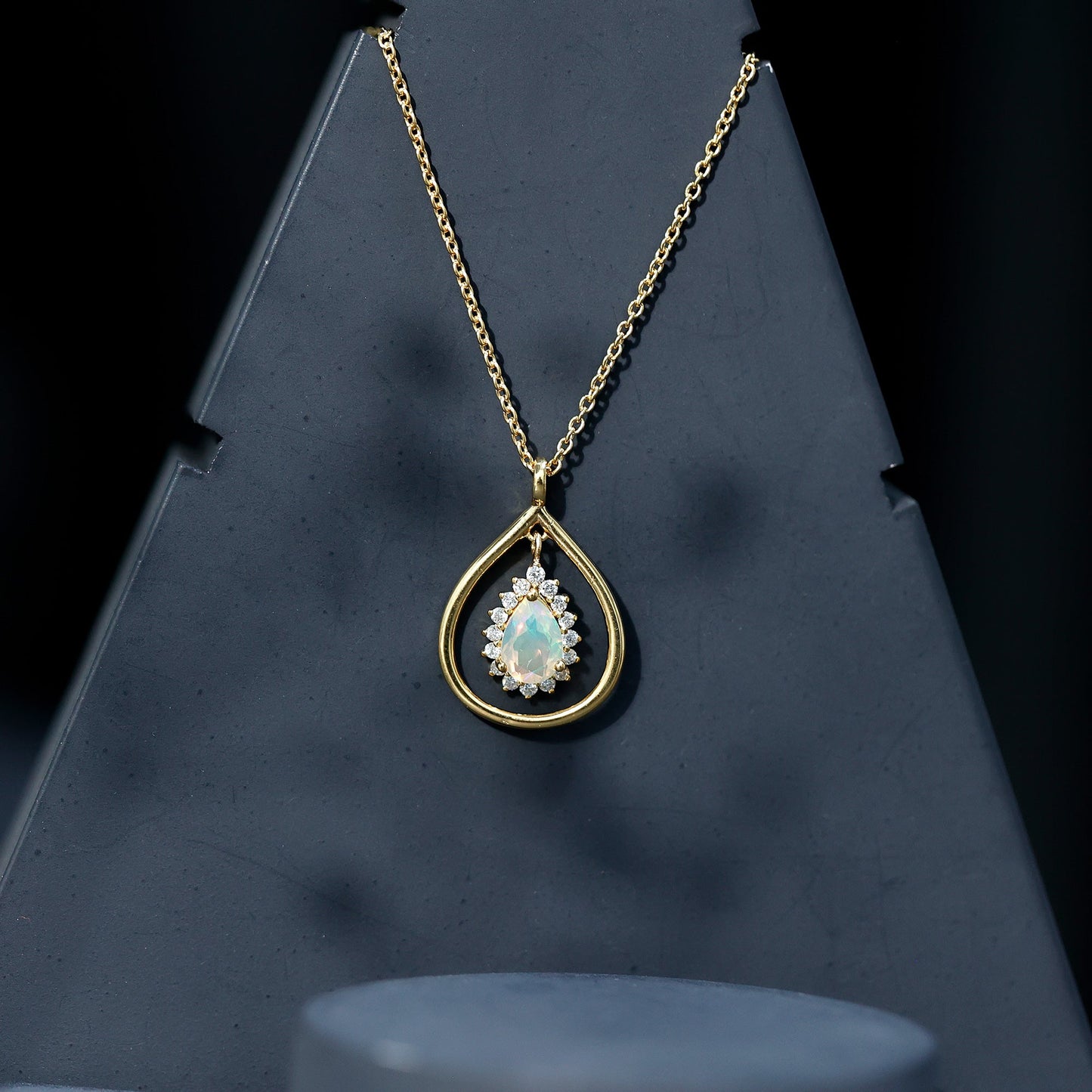 Natural 0.6 Carat Ethiopian Opal Teardrop Pendant Necklace with Lab Diamond Halo