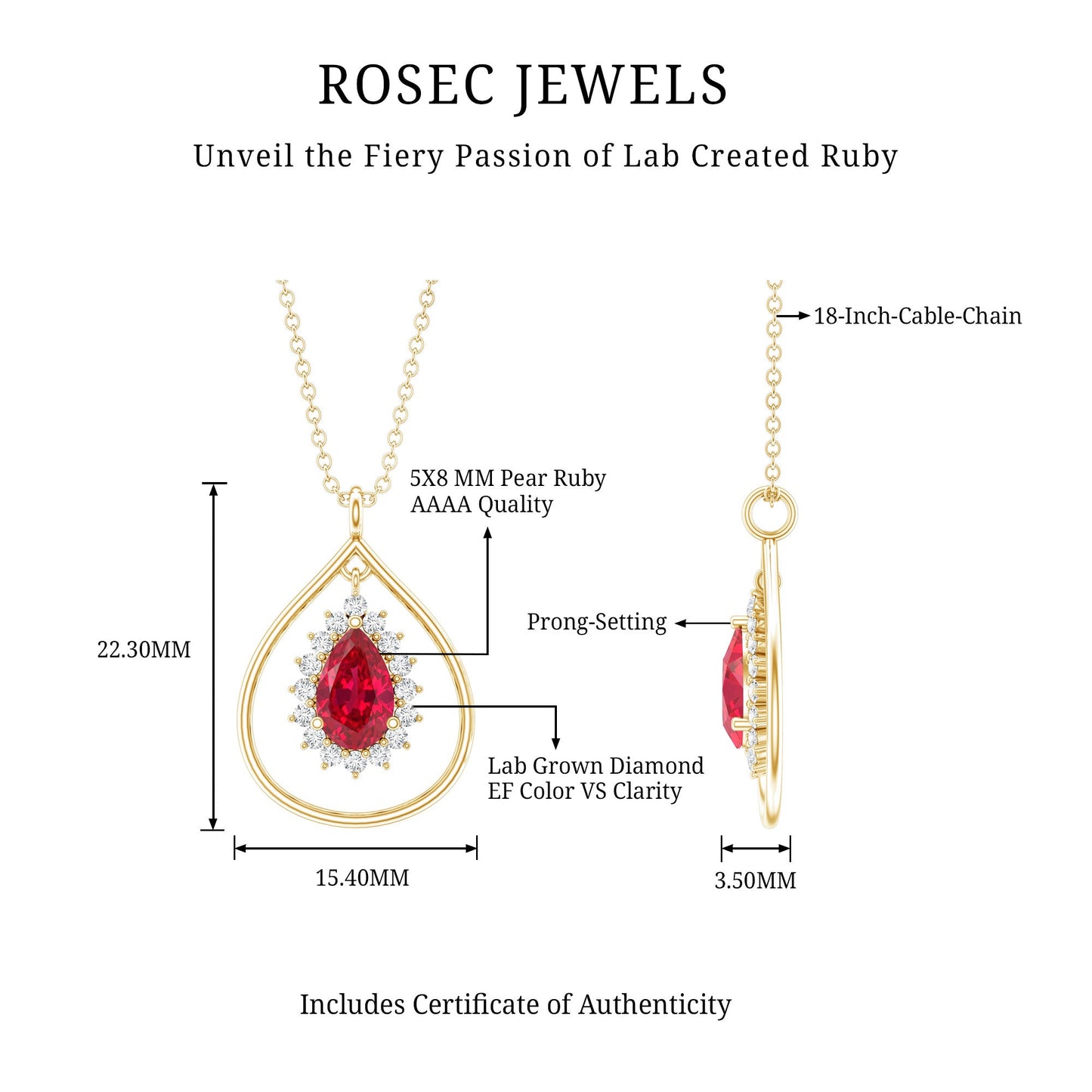1.3 Carat Lab Grown Ruby Teardrop Necklace with Lab Diamond