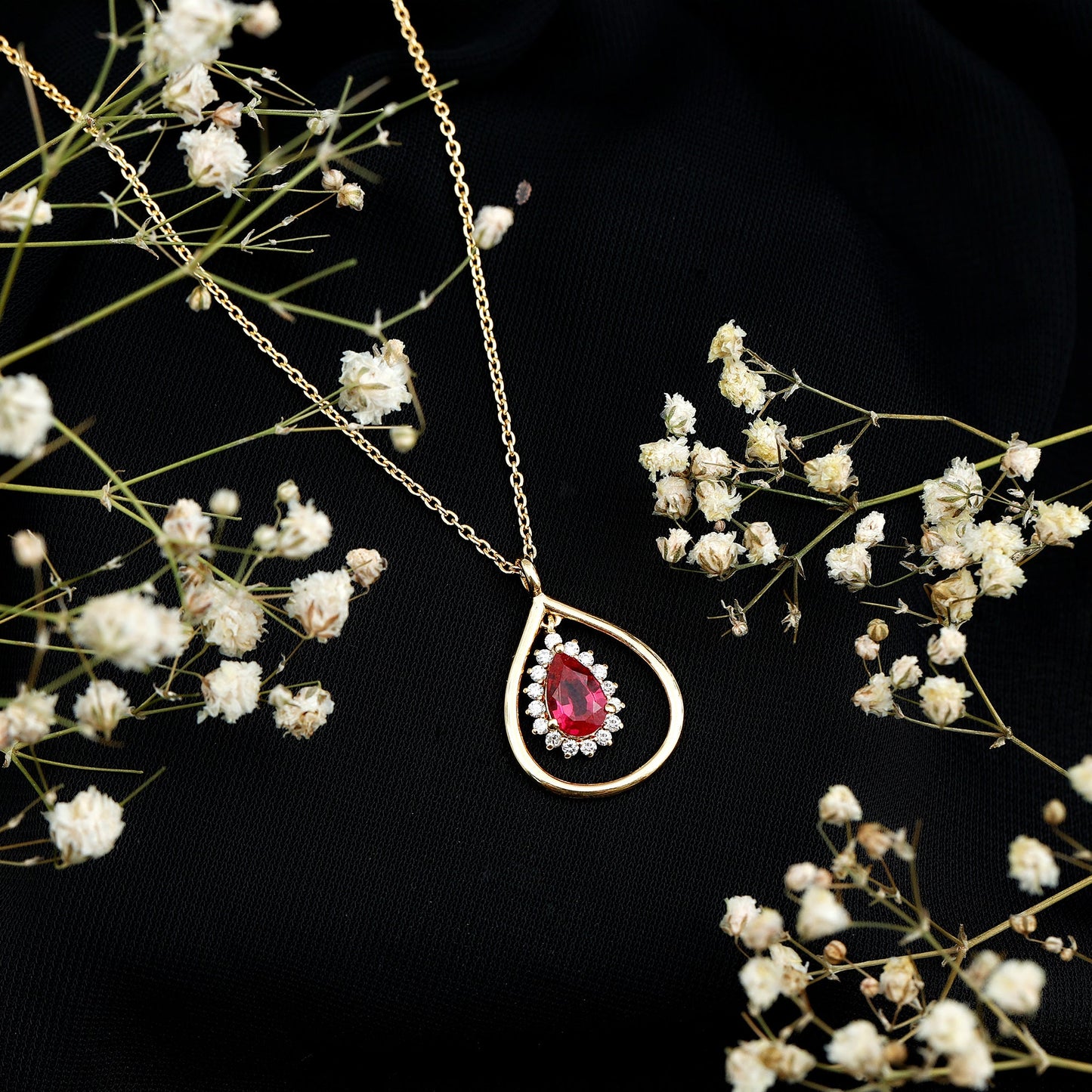 1.3 Carat Lab Grown Ruby Teardrop Necklace with Lab Diamond