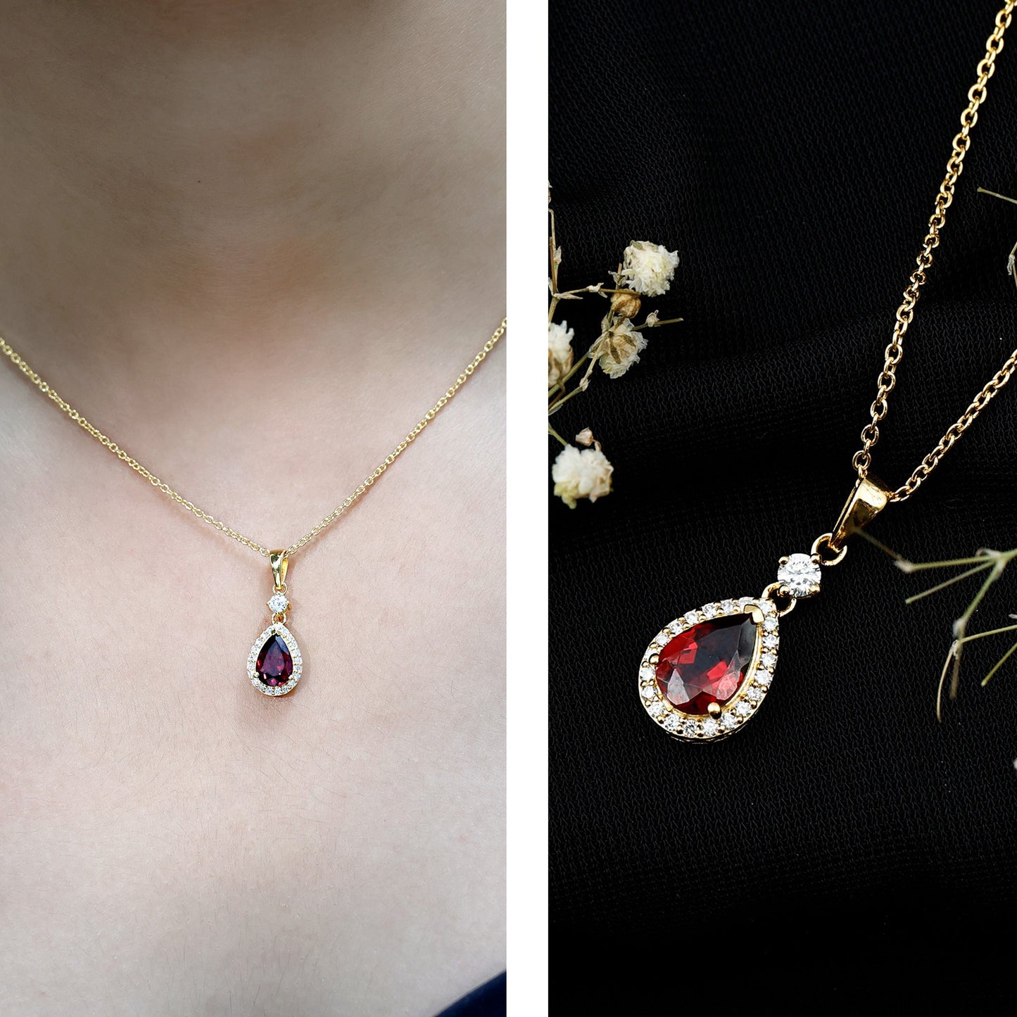 Certified 1.5 Carat Rhodolite Teardrop Necklace with Diamond Halo
