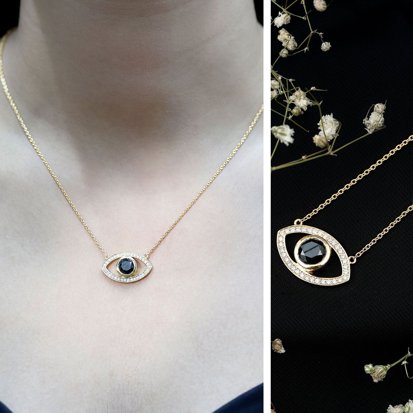Natural 1.6 Carat Black Diamond Evil Eye Necklace in Yellow Gold Plated Silver