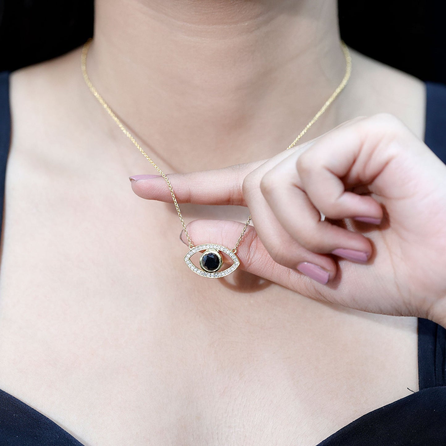 Natural 1.6 Carat Black Diamond Evil Eye Necklace in Yellow Gold Plated Silver