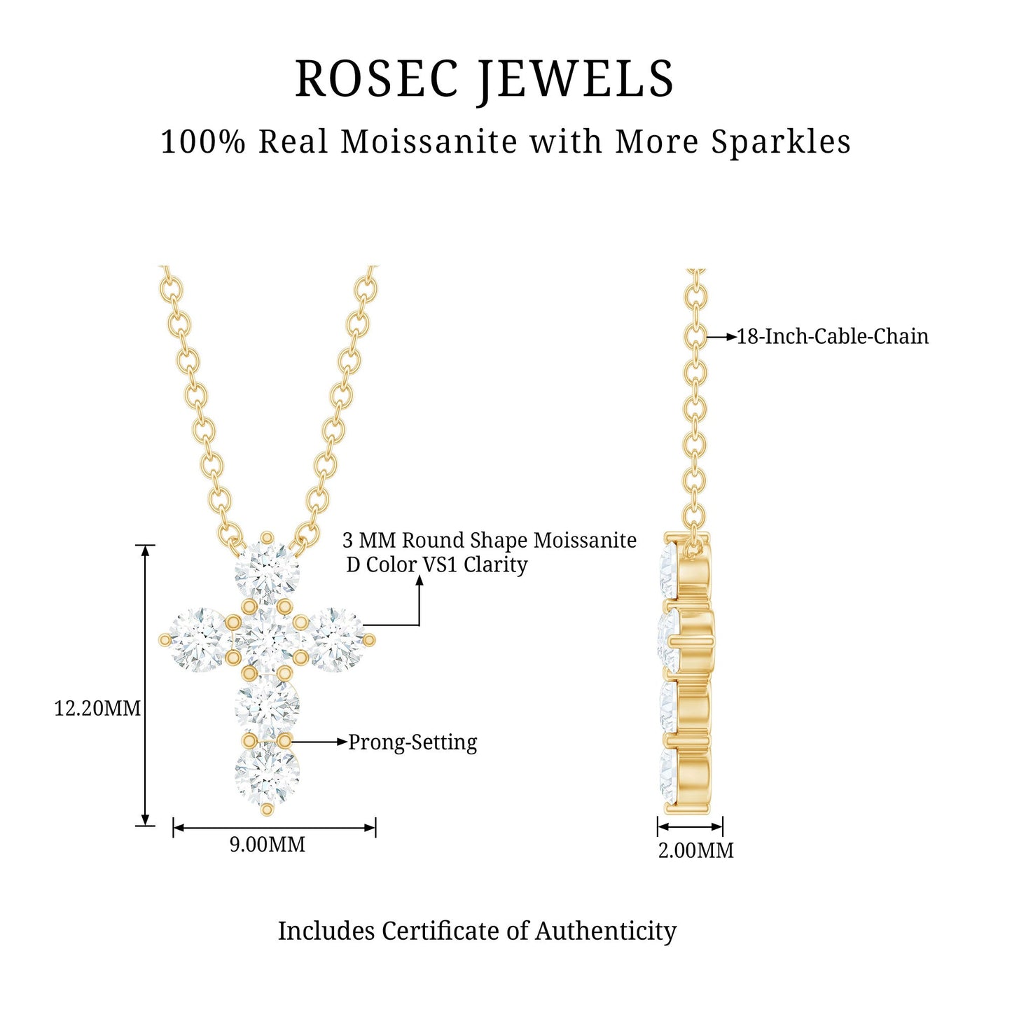 Round Cut Moissanite Cross Pendant Necklace