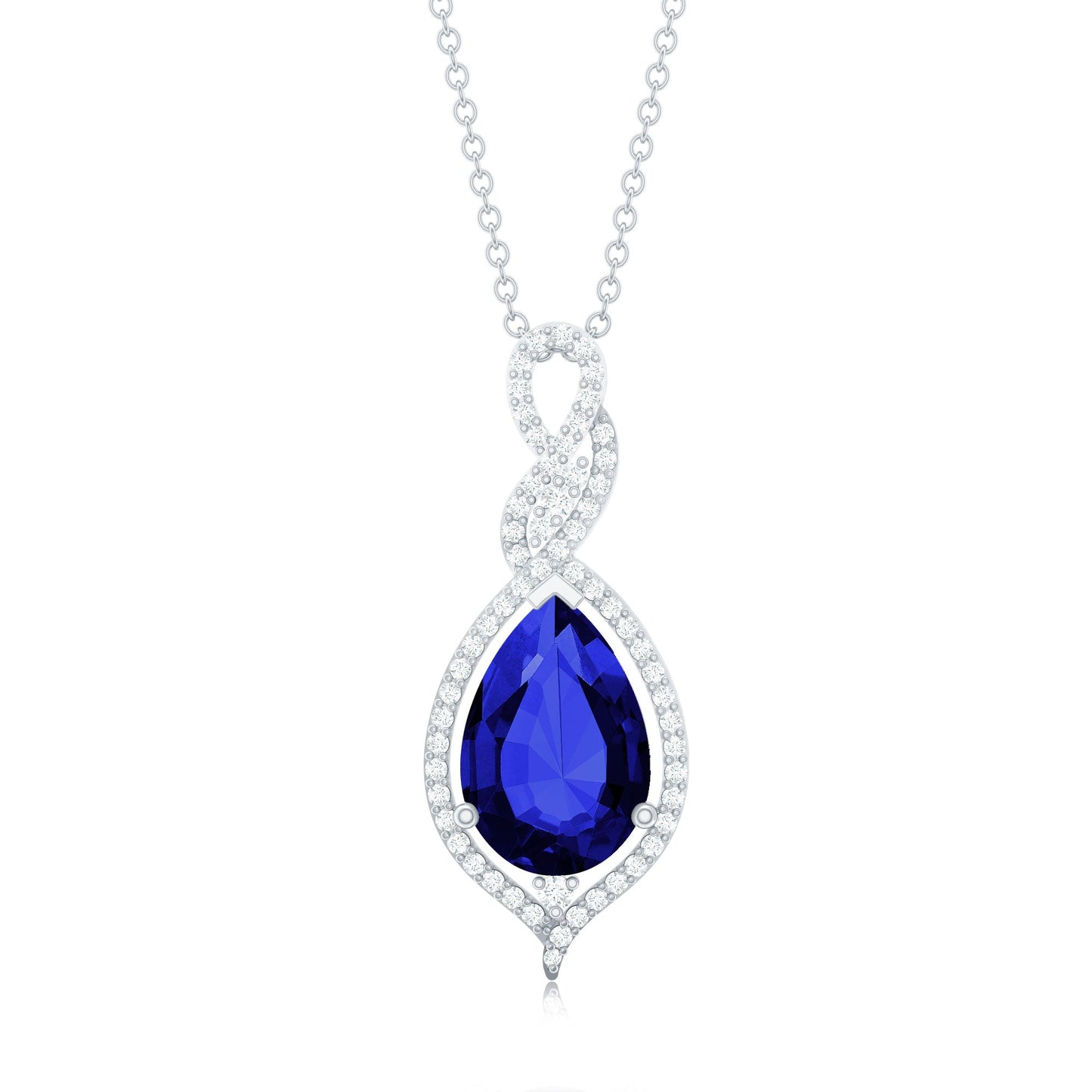 Certified 4 Carat Lab Created Blue Sapphire and Diamond Teardrop Pendant