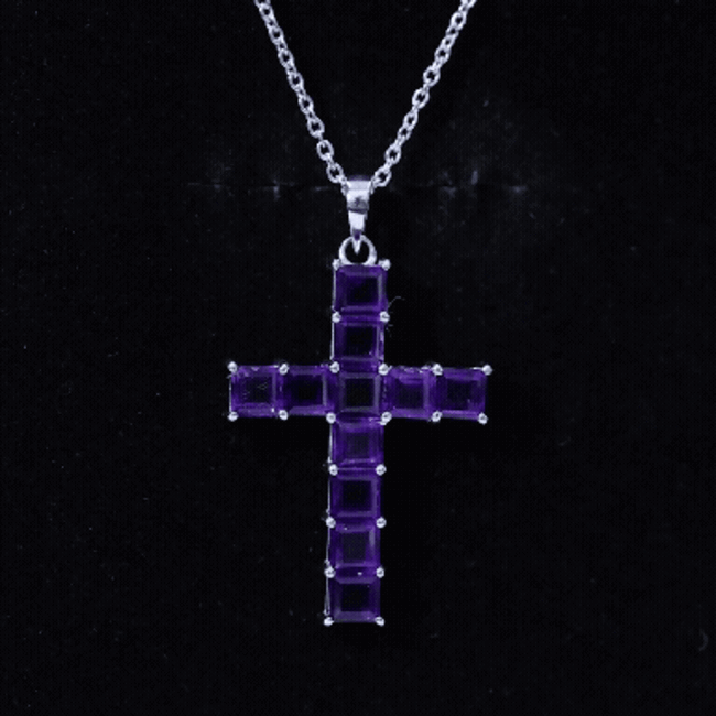 Princess Cut Amethyst Cross Pendant Necklace with Silver Chain