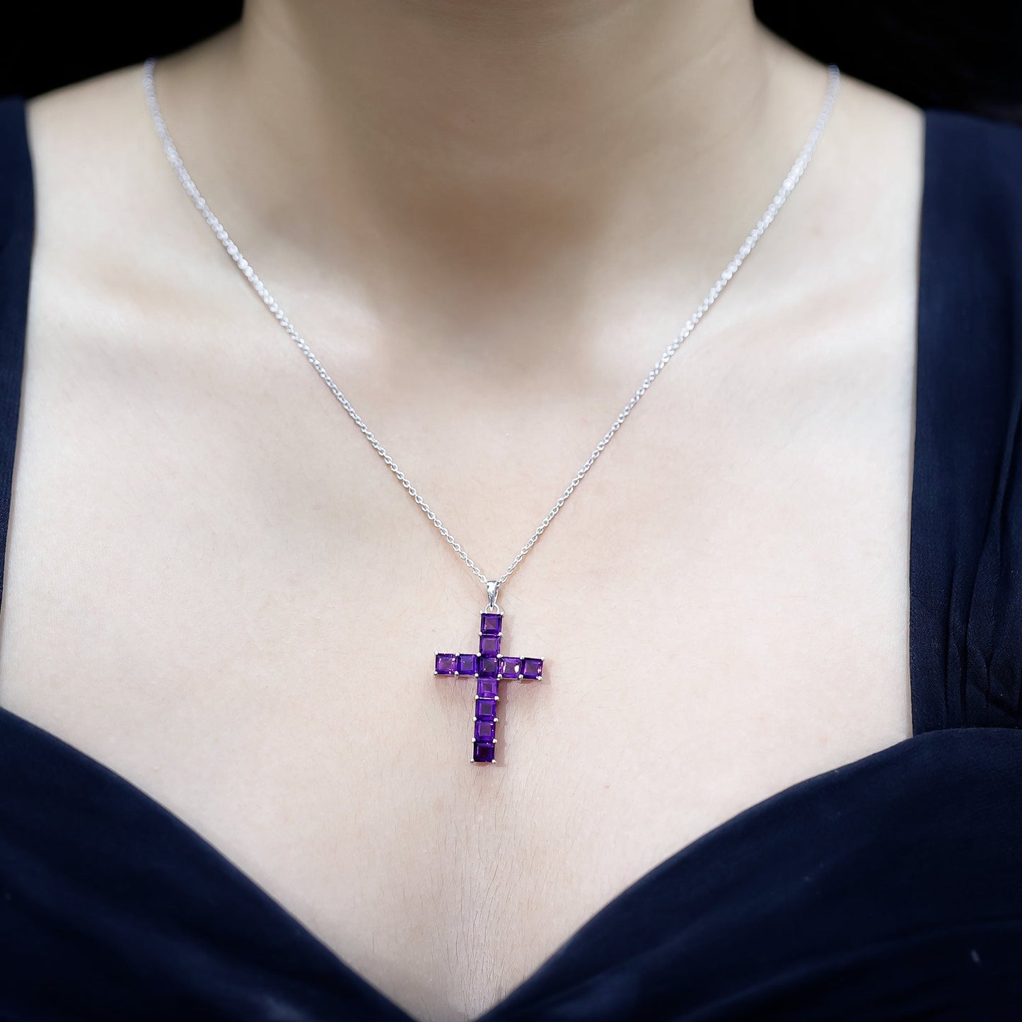 Princess Cut Amethyst Cross Pendant Necklace with Silver Chain