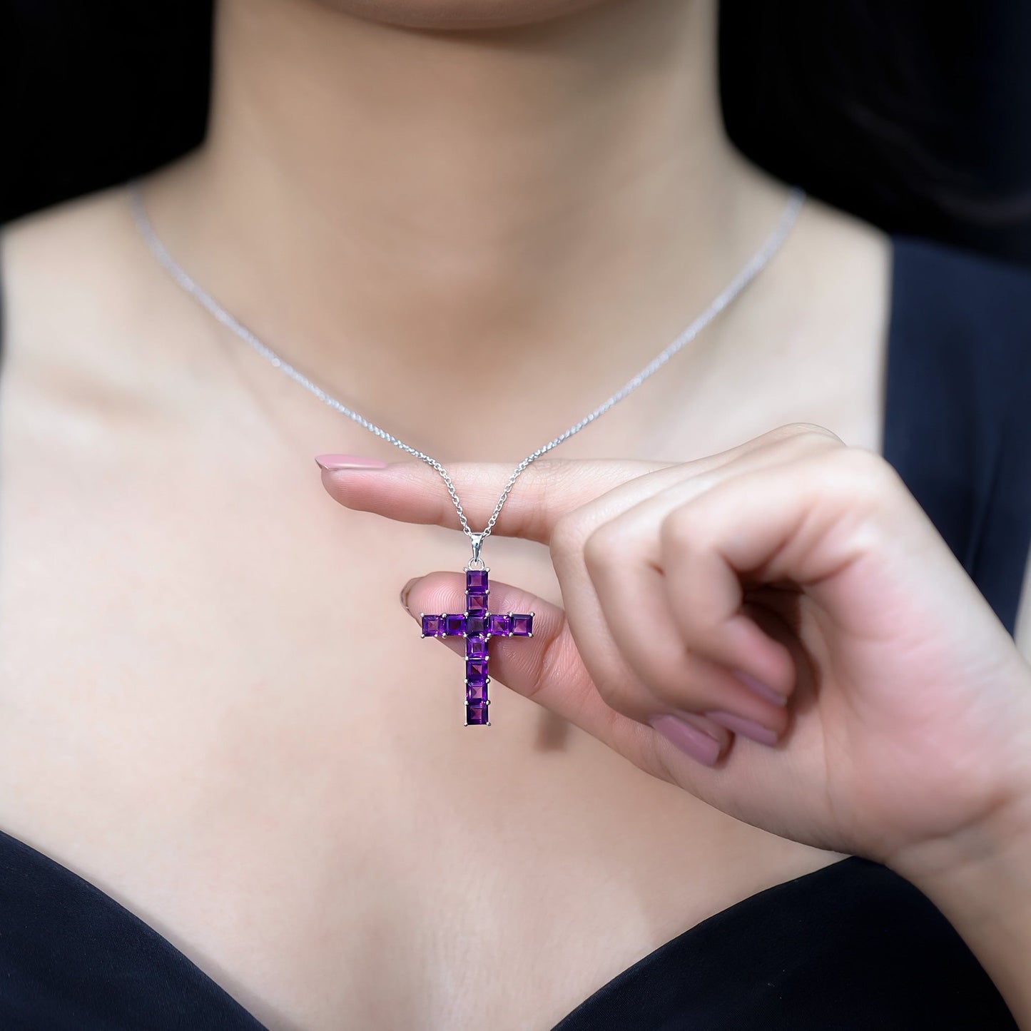 Princess Cut Amethyst Cross Pendant Necklace with Silver Chain