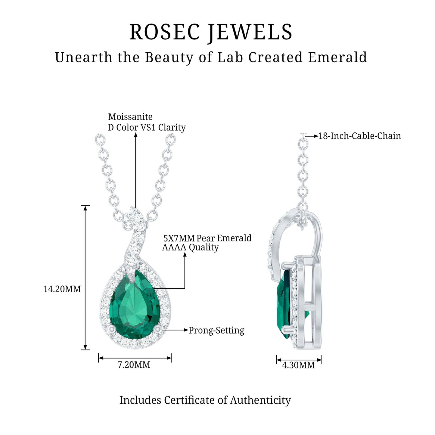 0.7 Carat Lab Grown Emerald and Moissanite Teardrop Necklace with Chain
