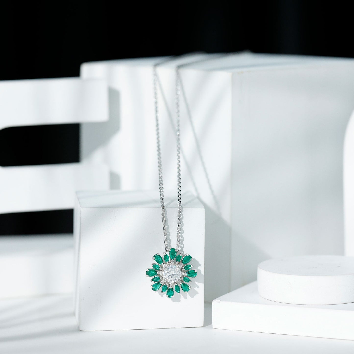 Certified 1.3 Carat Moissanite Statement Flower Necklace With Lab Emerald