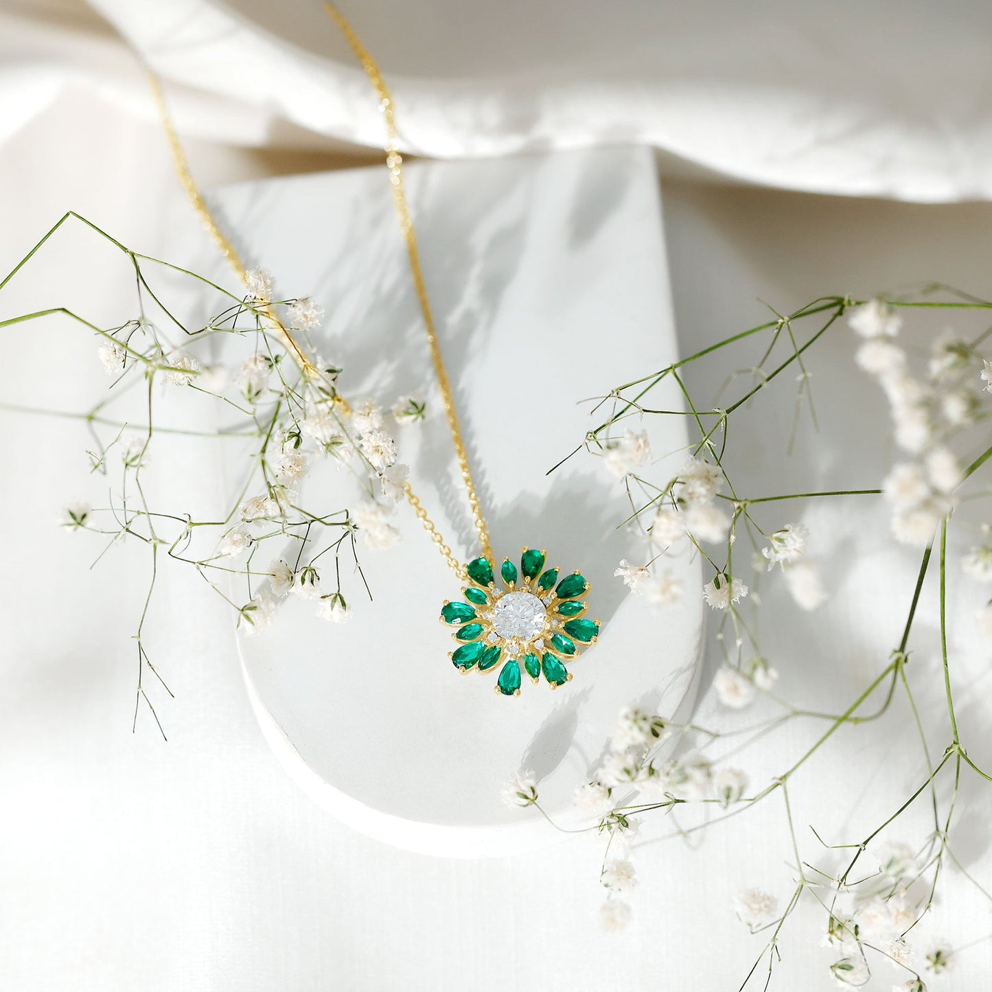 Certified Moissanite Flower Designer Necklace With Lab Emerald