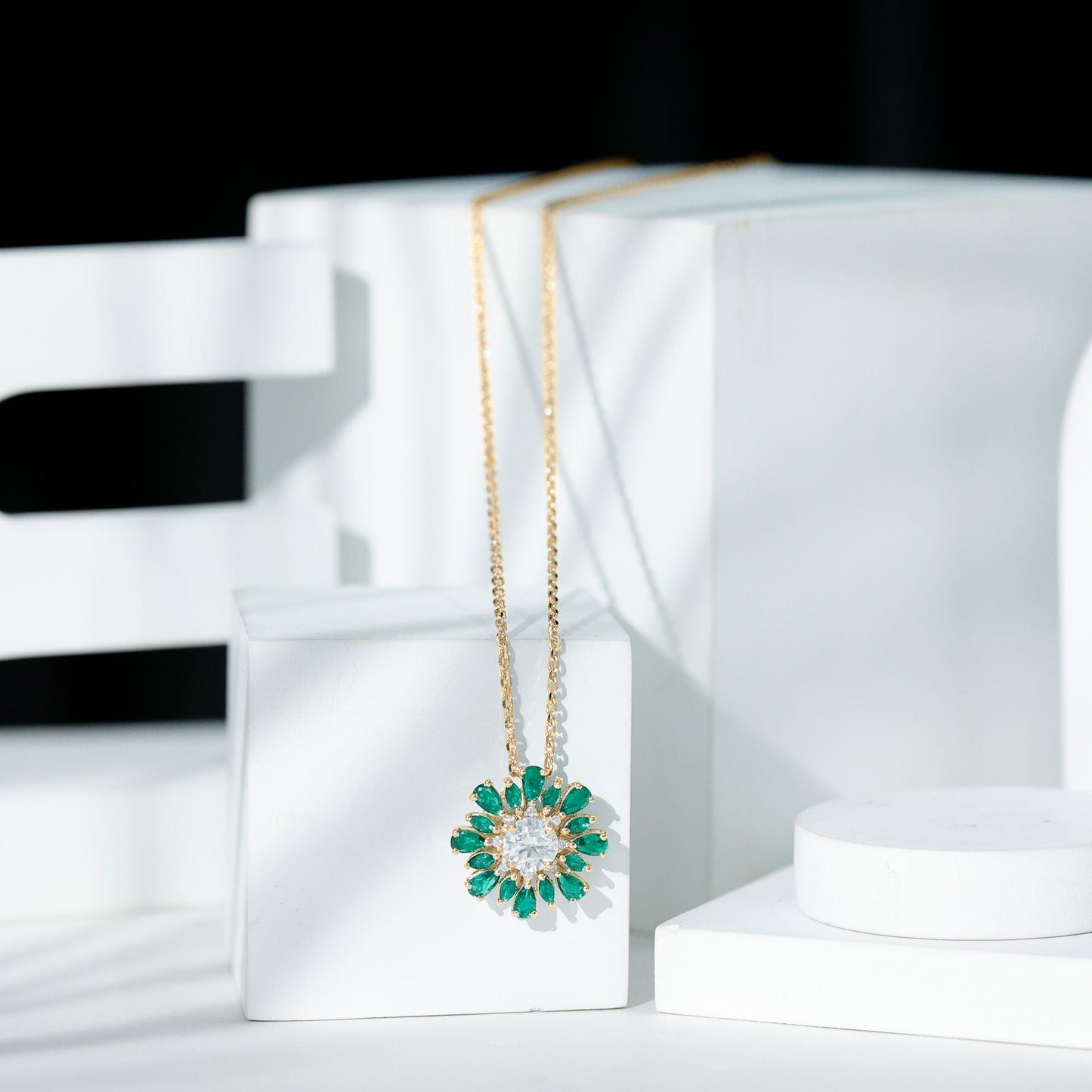Certified Moissanite Flower Designer Necklace With Lab Emerald