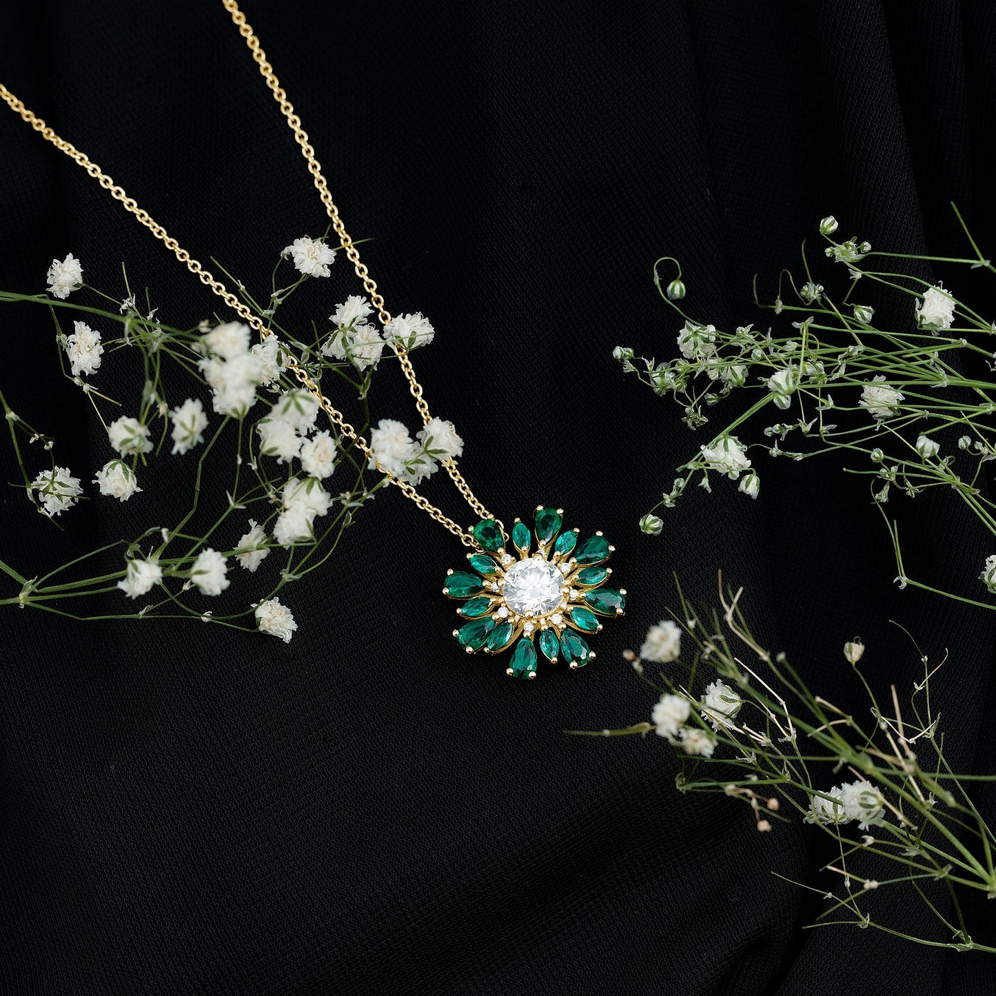 Certified Moissanite Flower Designer Necklace With Lab Emerald
