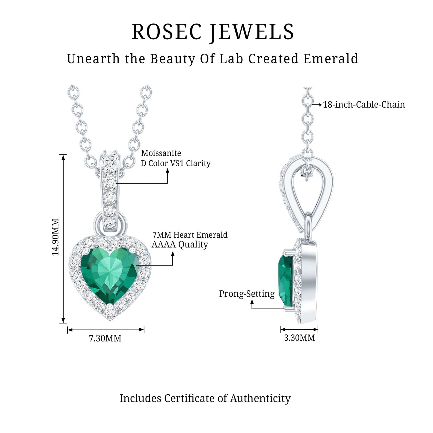 1.37 Carat Lab Grown Emerald Heart Necklace with Moissanite Halo
