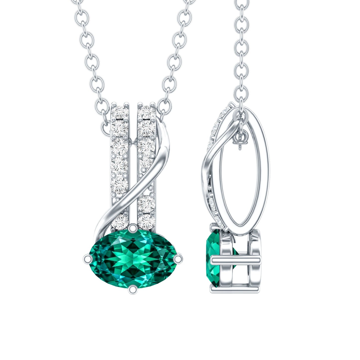 Oval Shaped Lab Emerald East West Necklace with Moissanite
