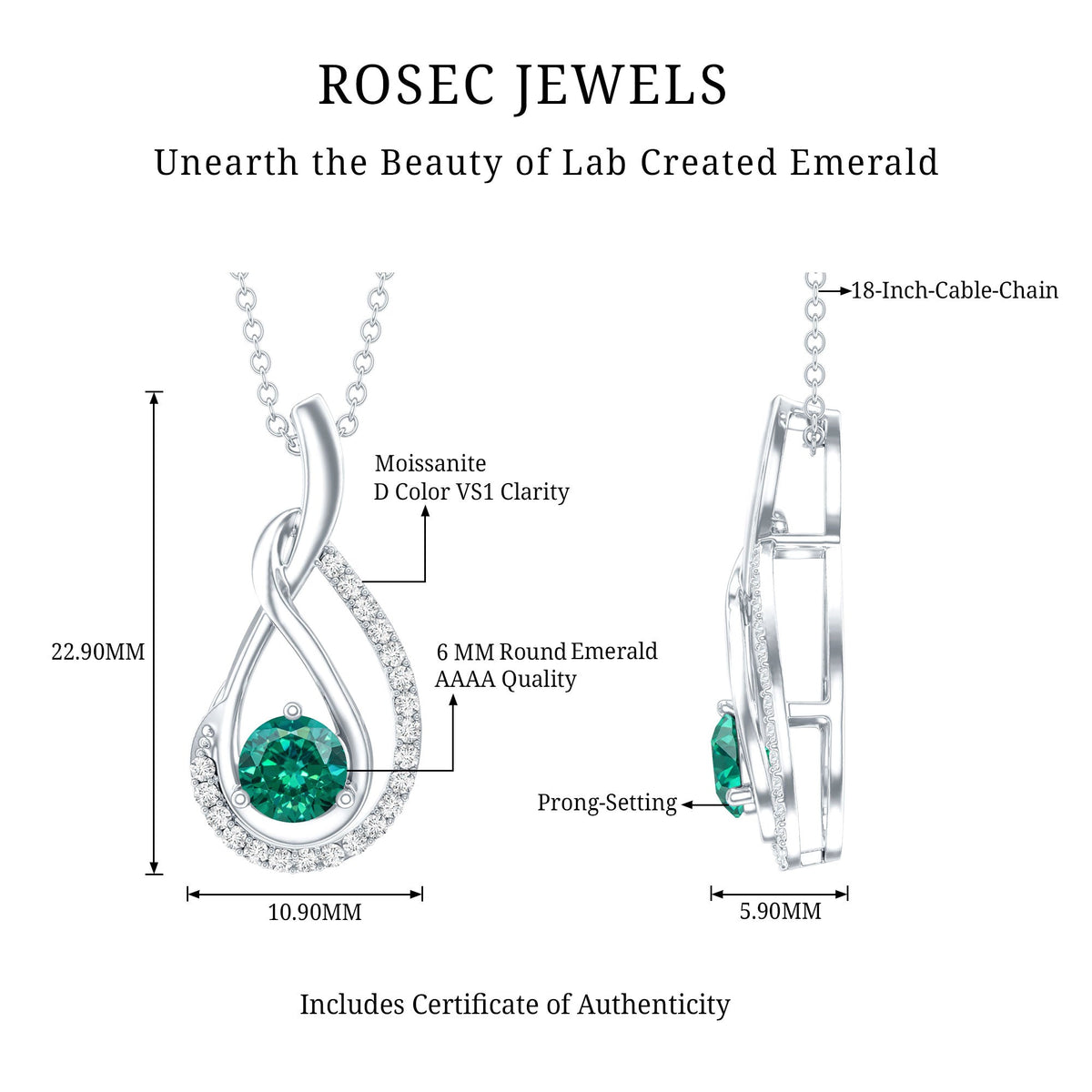 Certified Lab Grown Emerald and Moissanite Teardrop Necklace in Silver