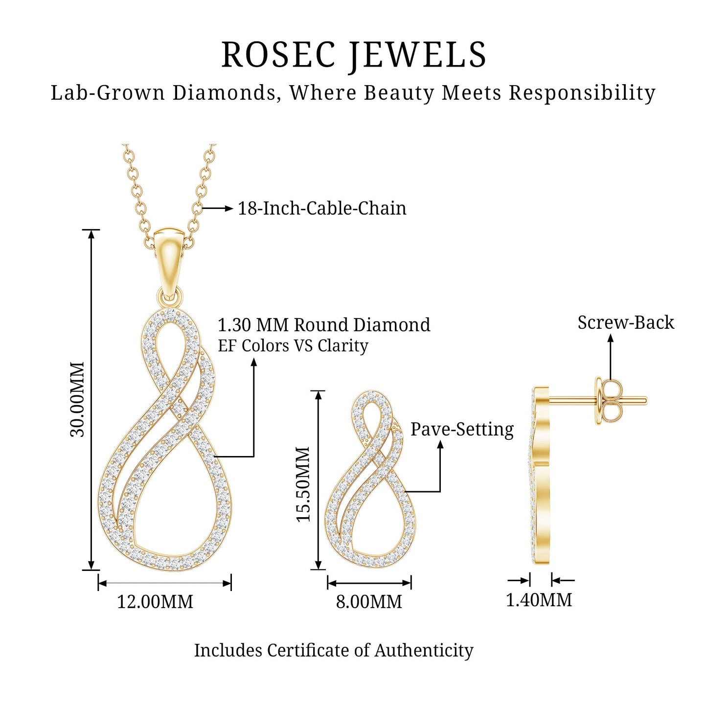 Diamond Infinity Necklace Earrings Set For Women