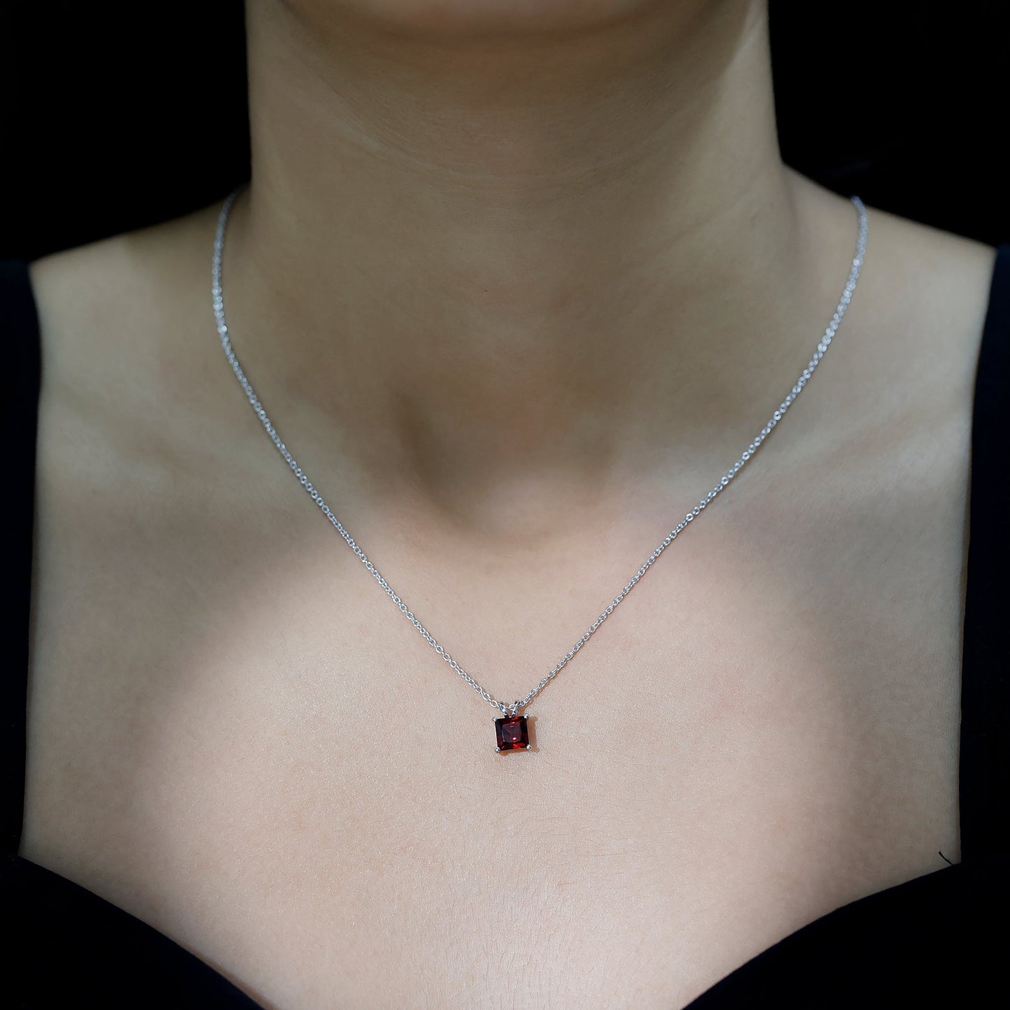 Solitaire 1.4 Carat Garnet Princess Cut Pendant Necklace with Chain
