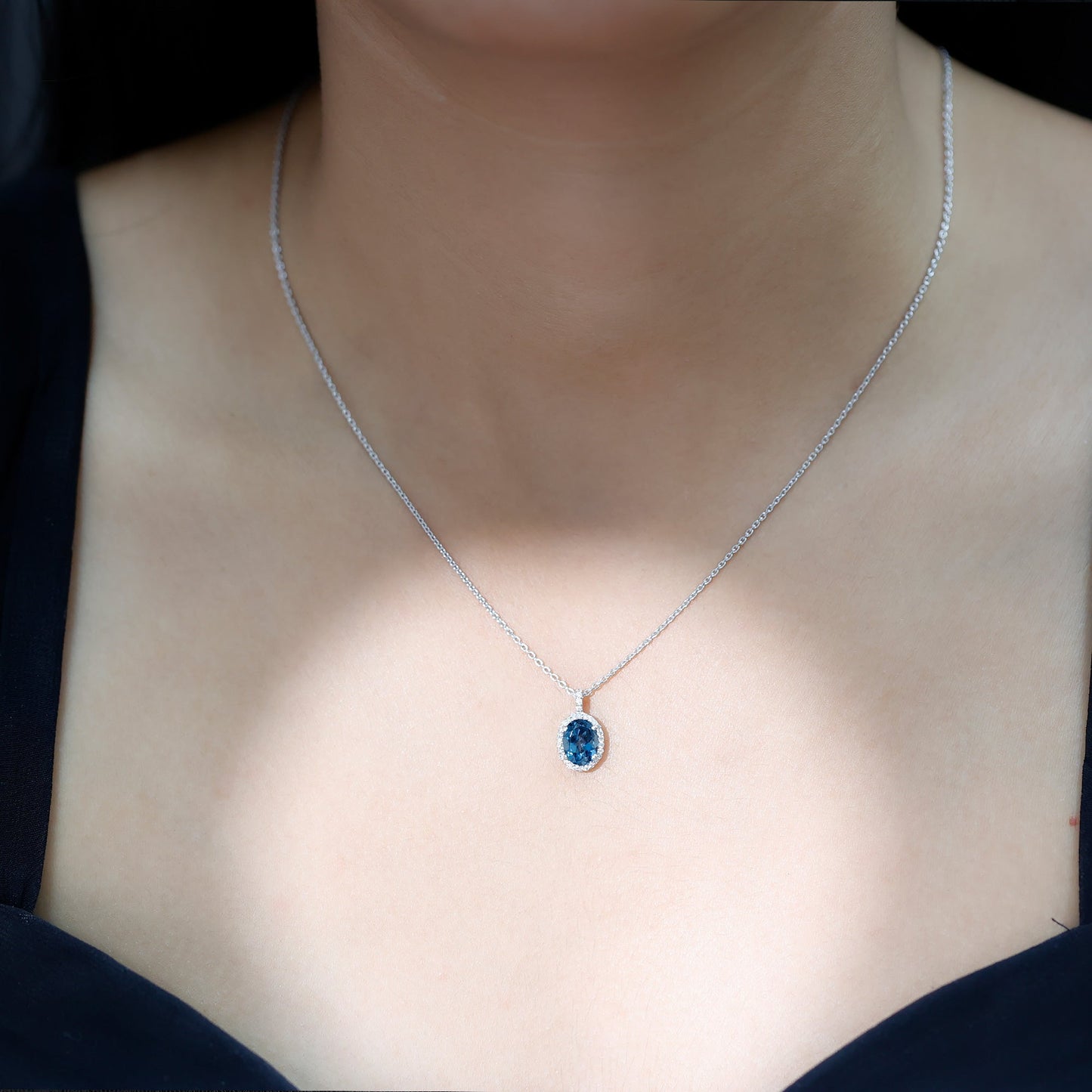 Genuine London Blue Topaz and Diamond Classic Necklace With Chain