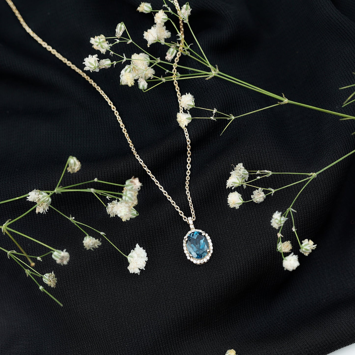 Genuine London Blue Topaz and Diamond Classic Necklace With Chain
